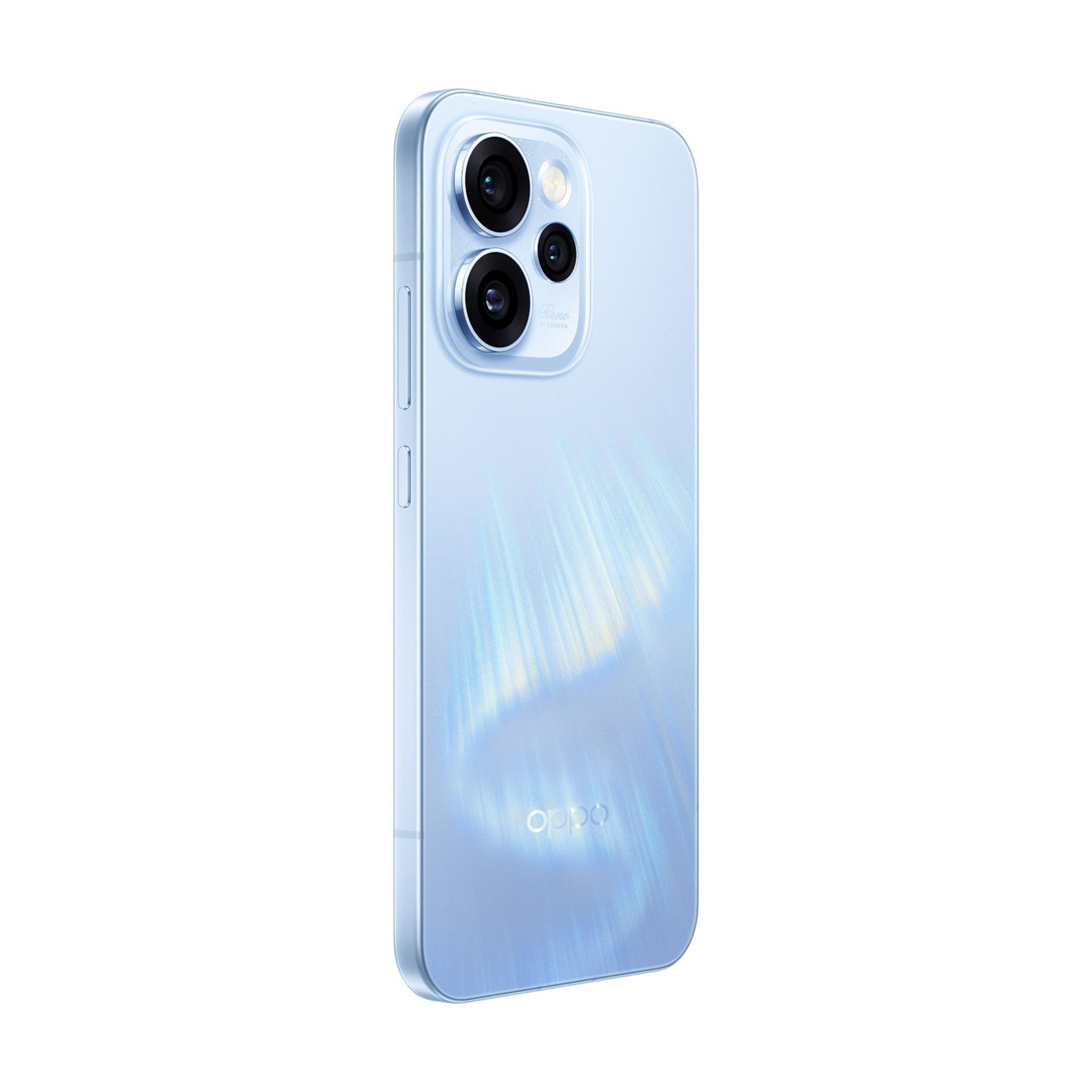Blaues Smartphone mit dreifacher Kamera und OPPO-Logo auf der Rückseite.