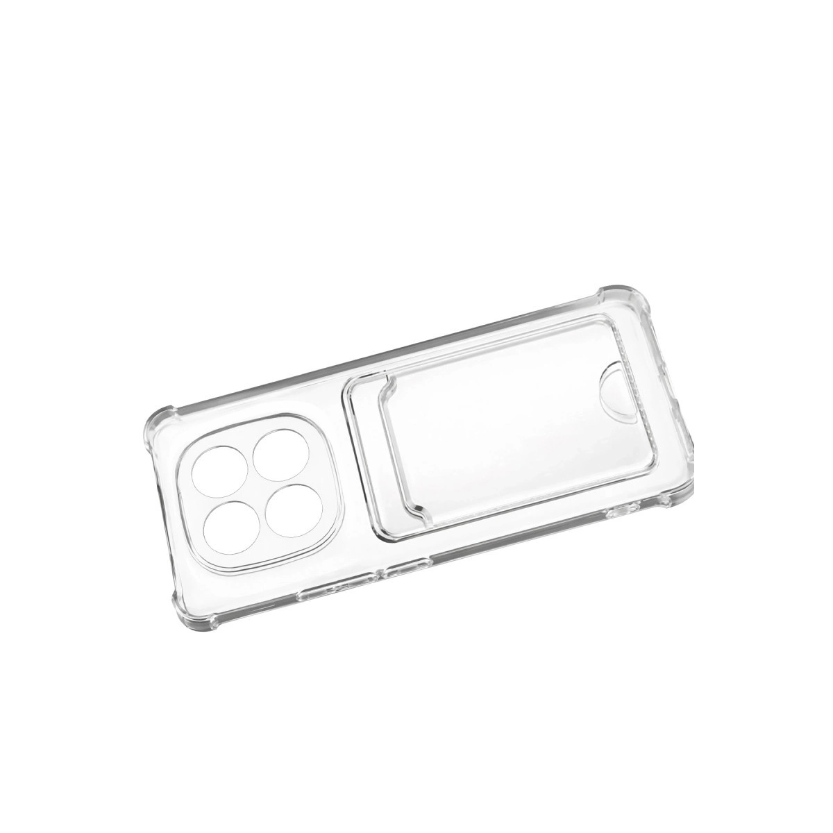 Dört kamera deliği ve kart yuvası olan şeffaf telefon kılıfı.