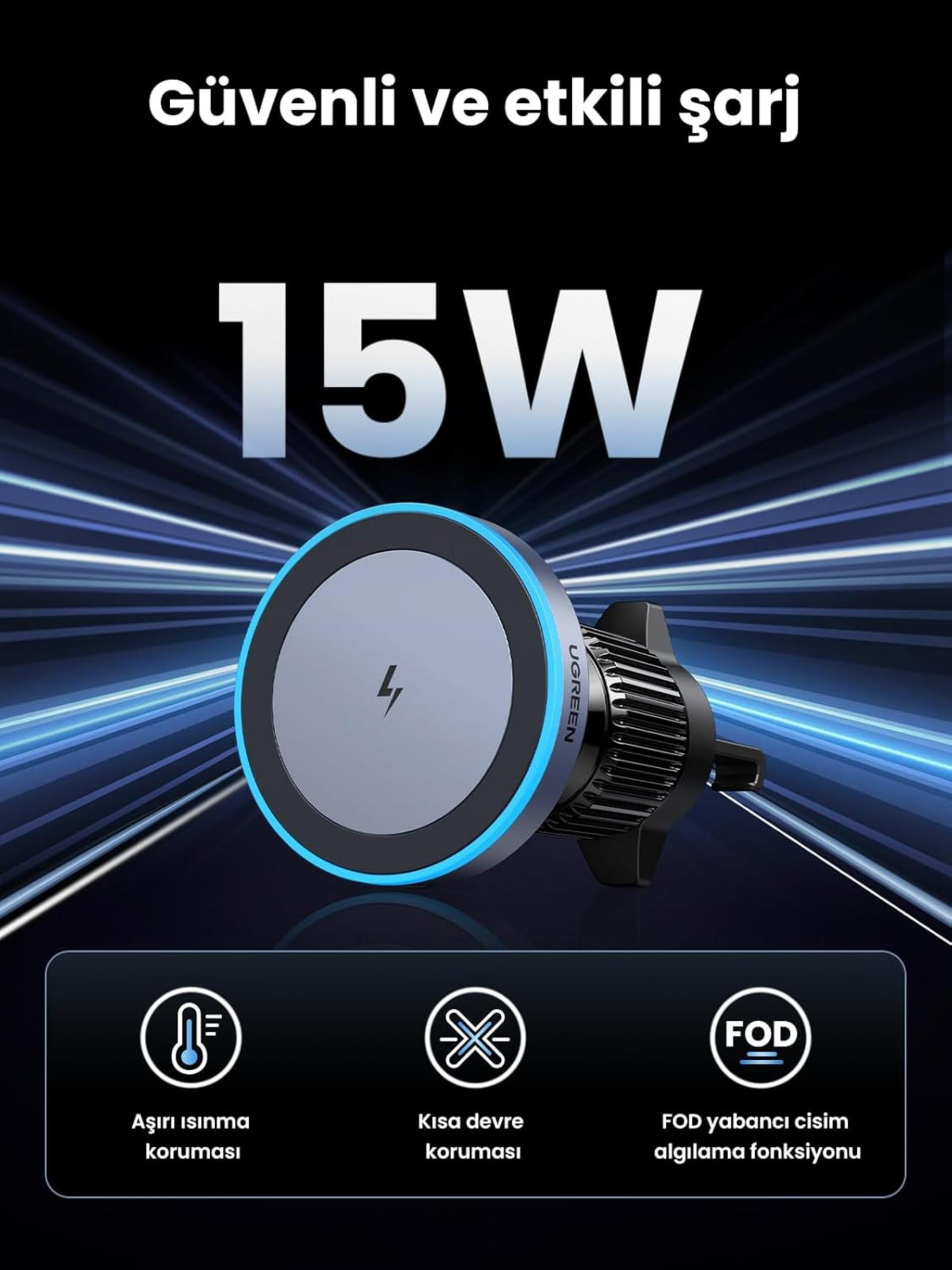 15W UGREEN şarj cihazı; aşırı ısınma, kısa devre ve FOD korumalıdır.