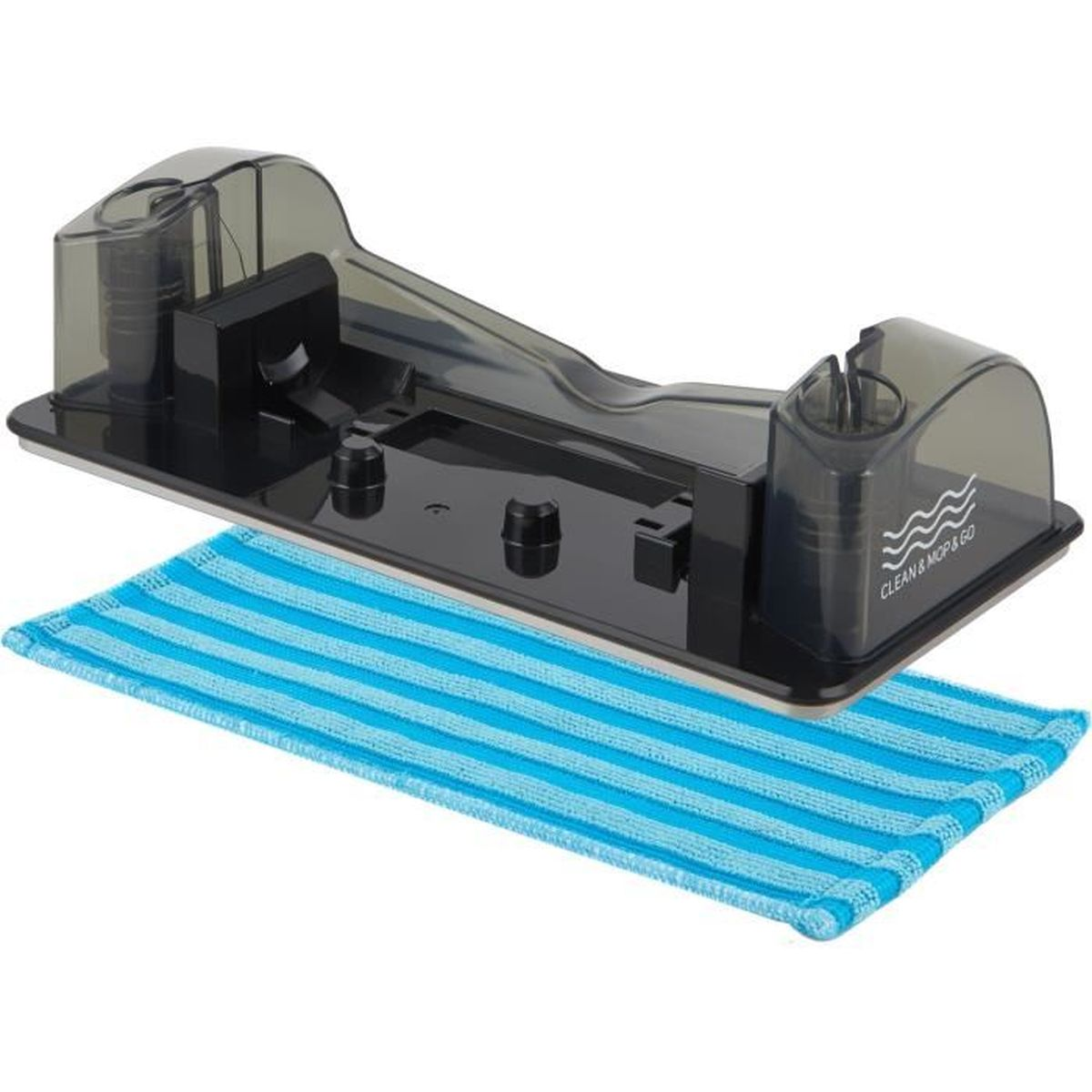 Un accessorio per mocio nero con un panno per mocio a strisce blu sotto.