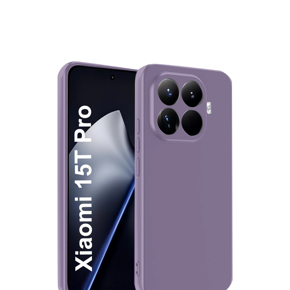 Mor bir telefon kılıfı, üzerinde "Xiaomi 15T Pro" yazan bir telefonun önünde.