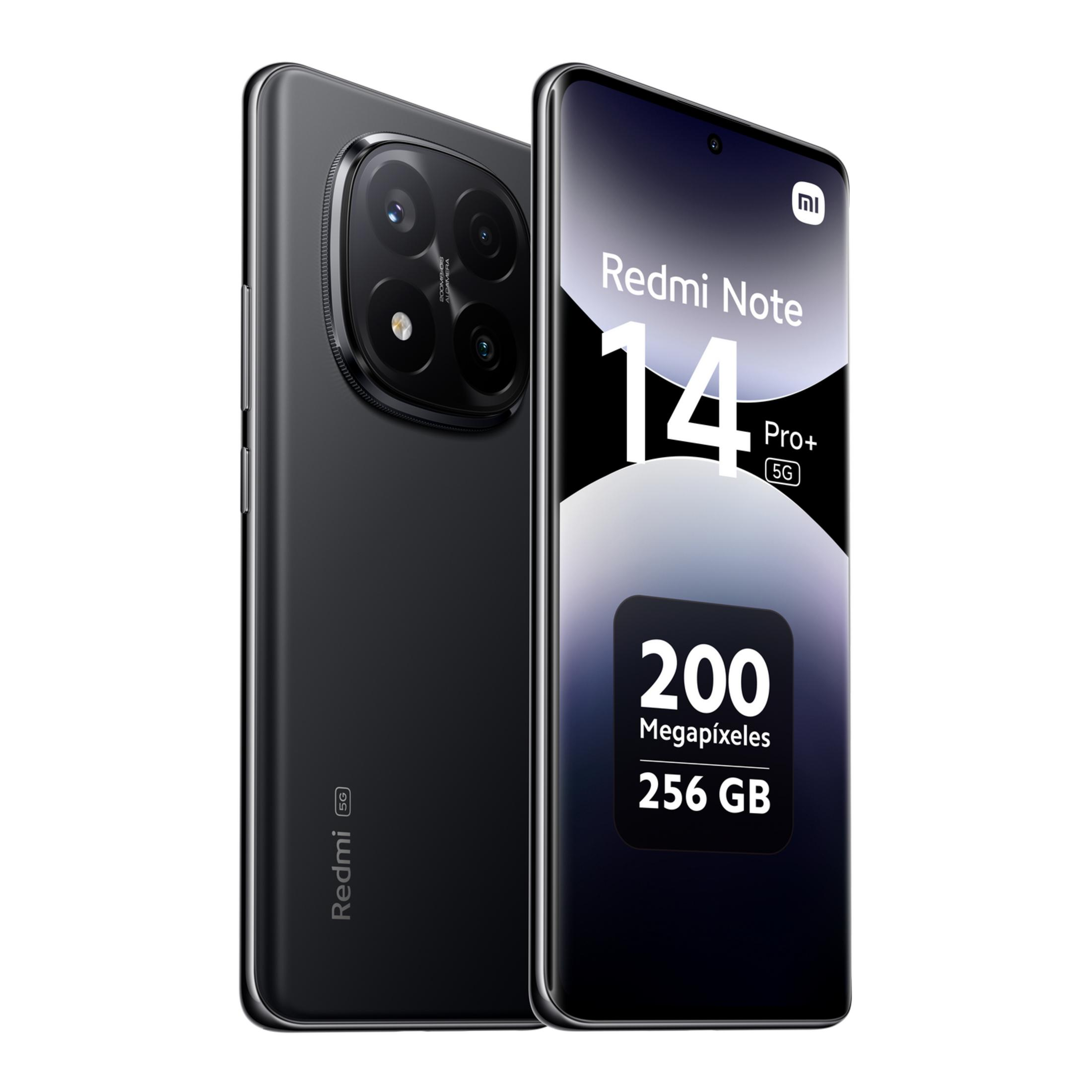Ein schwarzes Xiaomi Redmi Note 14 Pro+ 5G Smartphone mit 200 MP und 256 GB Speicher.