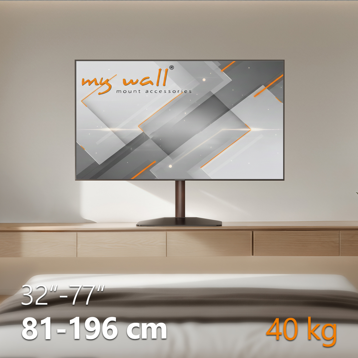 Ein Fernseher auf einem braunen Ständer steht auf einem Holzmöbel über einem Bett. 32-77 Zoll, 81-196 cm, 40 kg.