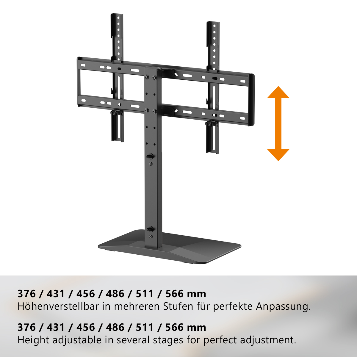 Ein schwarzer Tischständer für einen Fernseher, höhenverstellbar.