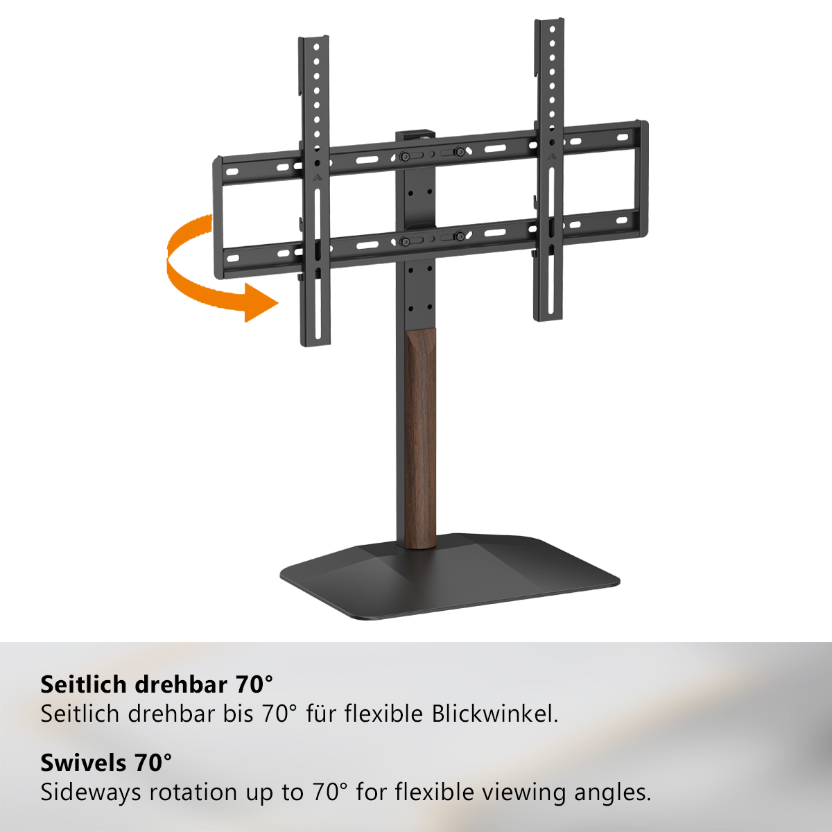 Ein Tischständer für Fernseher mit drehbarem Halter und Holzdetails.