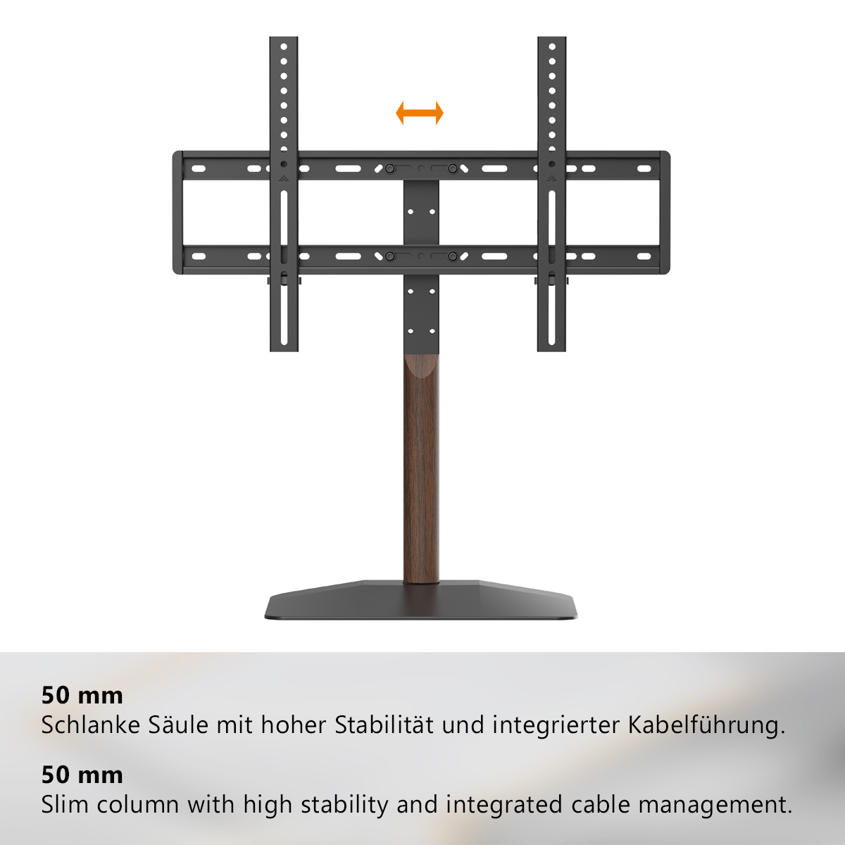 Ein schlanker TV-Ständer mit Holzsockel und verstellbarer TV-Halterung.