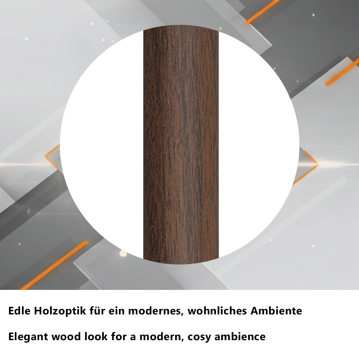 Nahaufnahme einer braunen Holzmaserung in einem Kreis auf modernem Hintergrund.