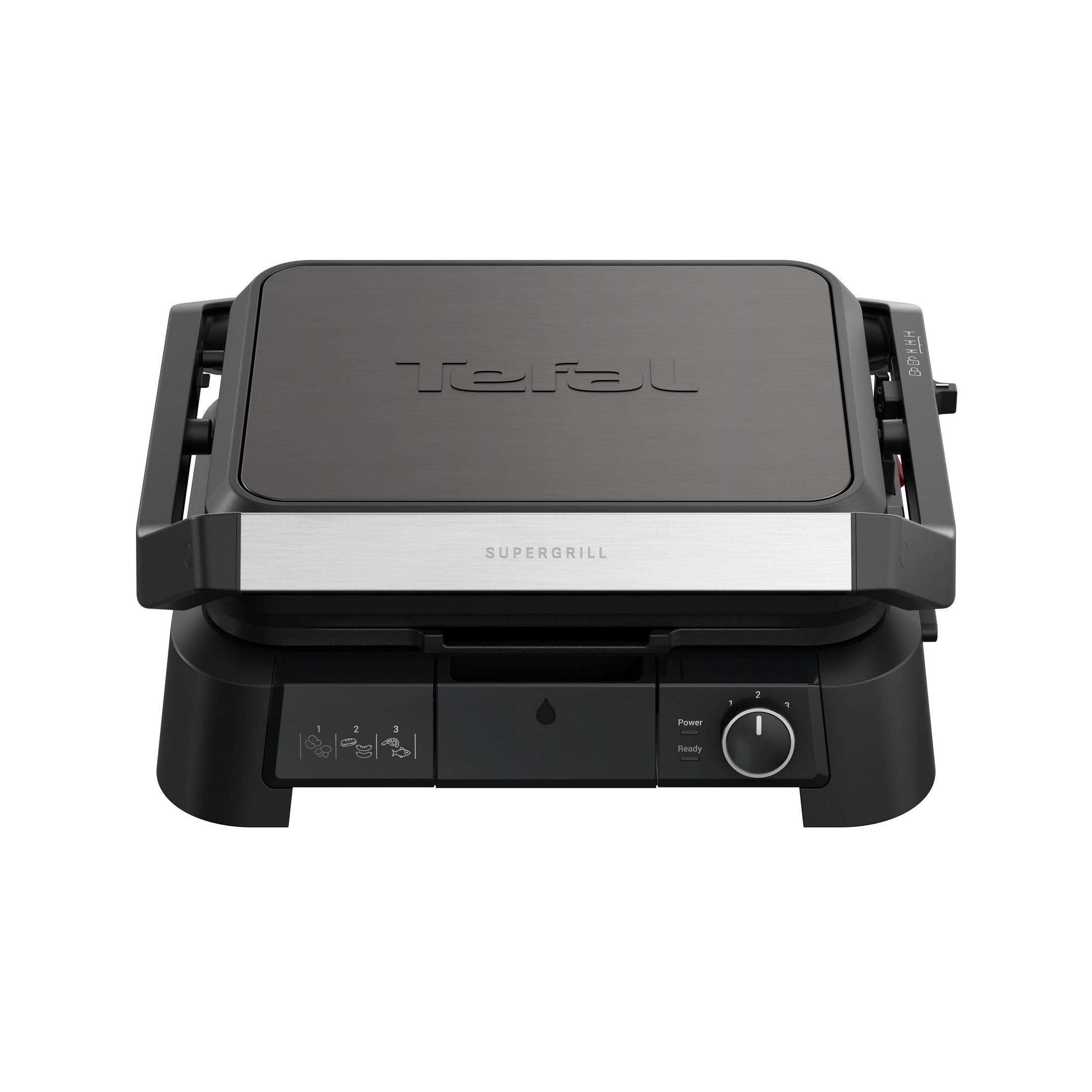 Una Tefal Supergrill nera chiusa con accenti argentati su sfondo bianco.