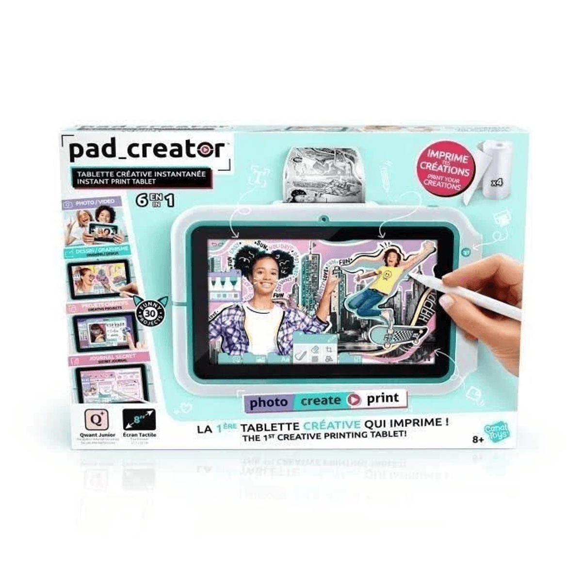 Caja para una tableta creativa con dos niños jugando e imprimiendo en pantalla.