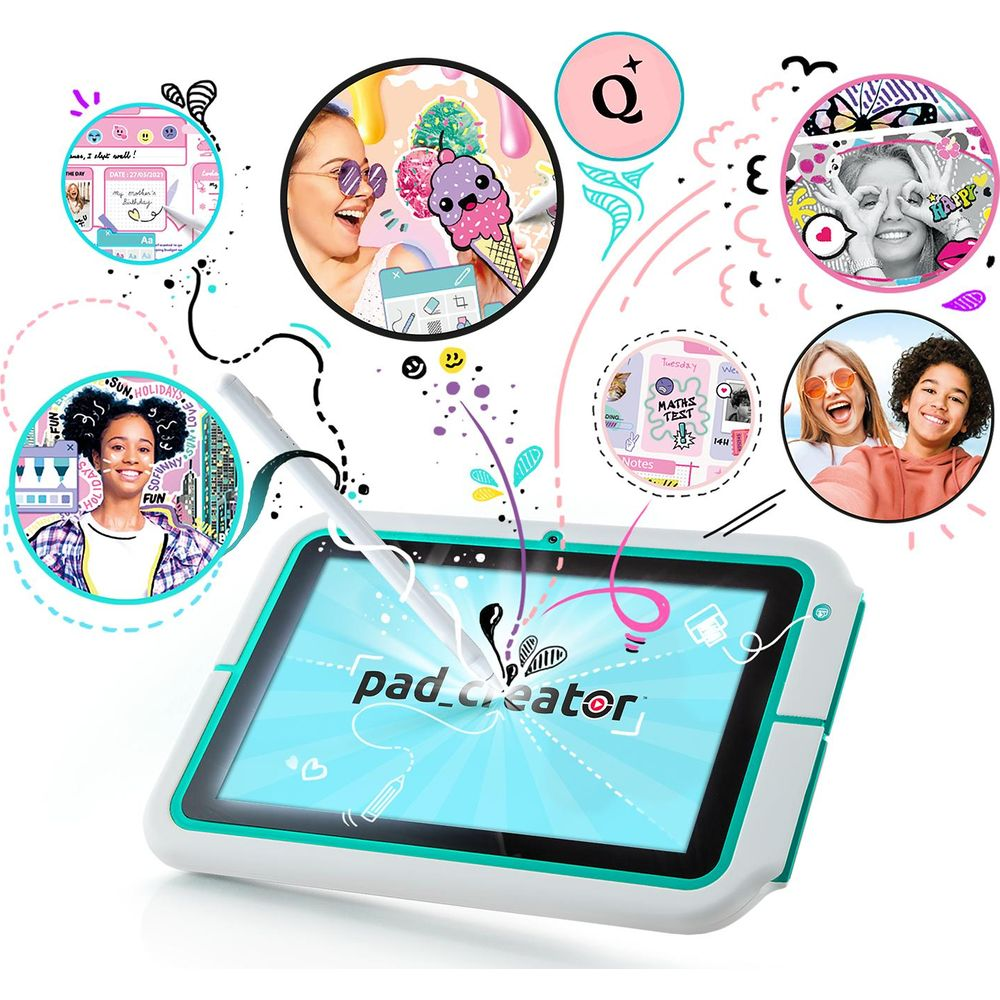 Tableta con apps creativas, mostrando gente sonriente y dibujos digitales.