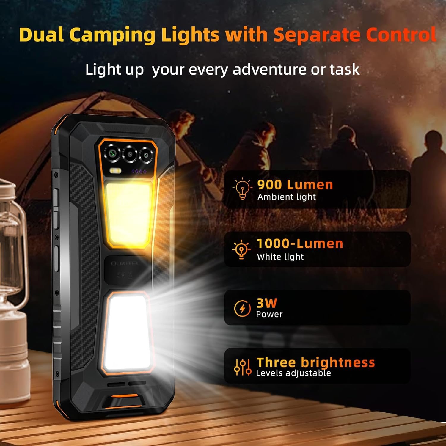 Teléfono robusto con luces de camping duales, 900 y 1000 lúmenes, potencia de 3W, brillo ajustable.