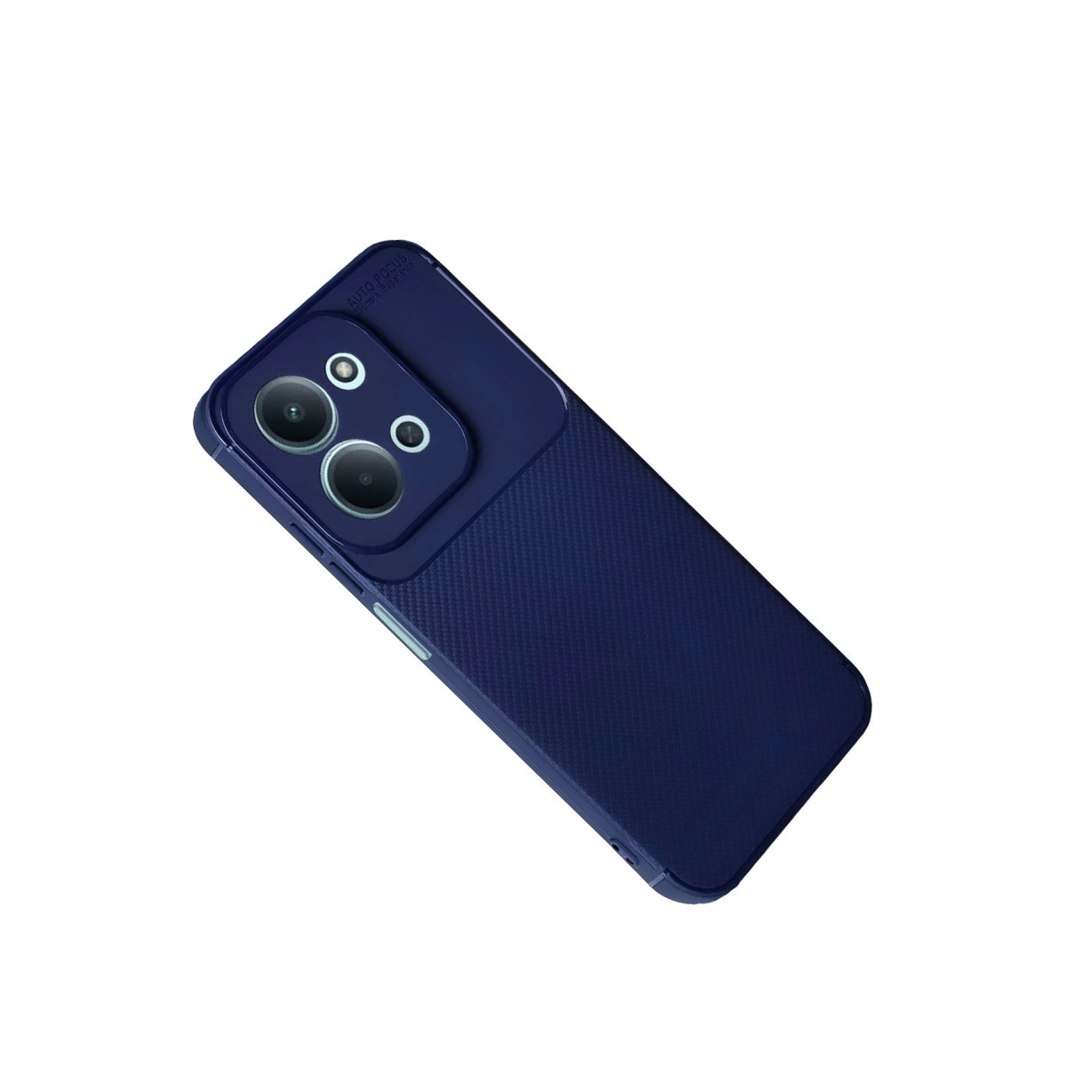 Doku kaplı arka yüzü ve yükseltilmiş kamera modülü bulunan koyu mavi telefon kılıfı.