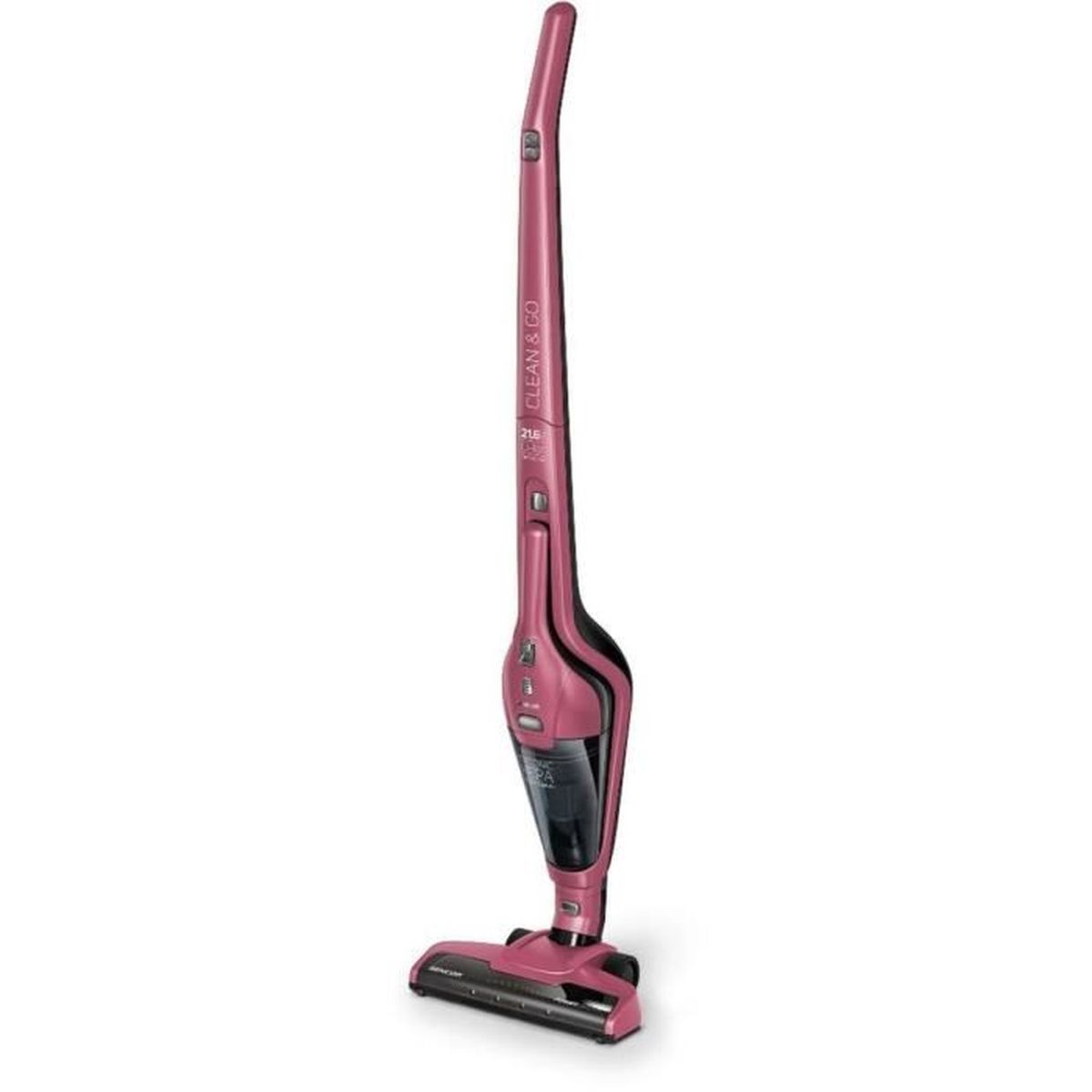 Un aspirapolvere senza fili rosa con contenitore polvere nero su sfondo bianco.
