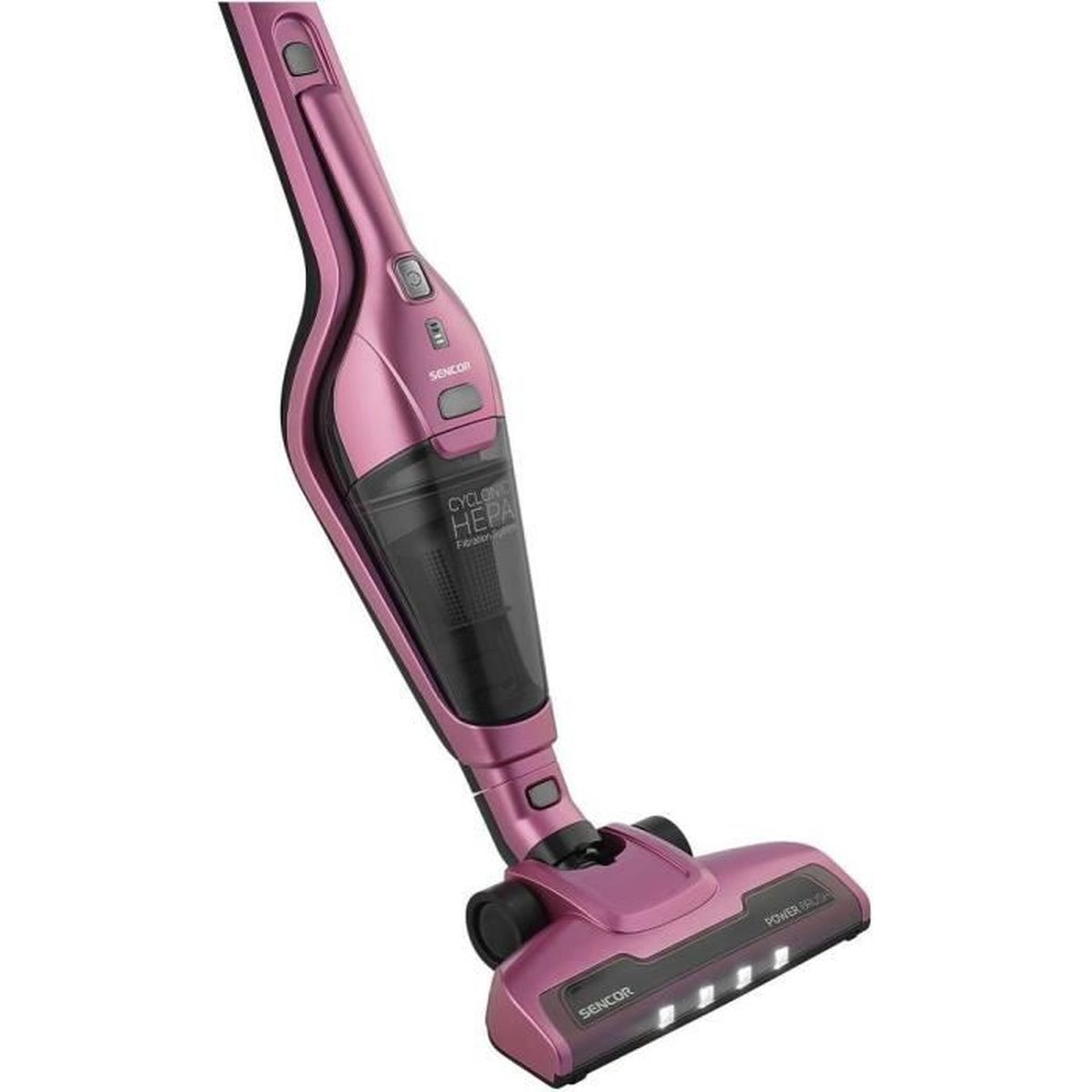 Un aspirapolvere senza fili rosa con filtro HEPA e spazzola elettrica.