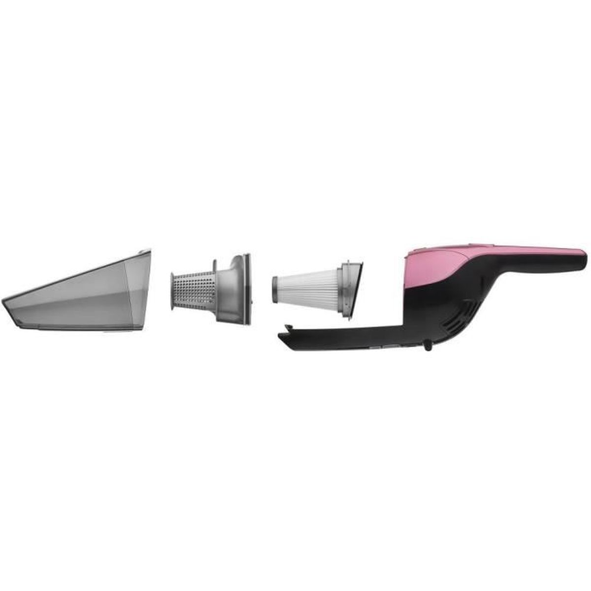 Un aspirapolvere portatile rosa e nero con parti staccabili.