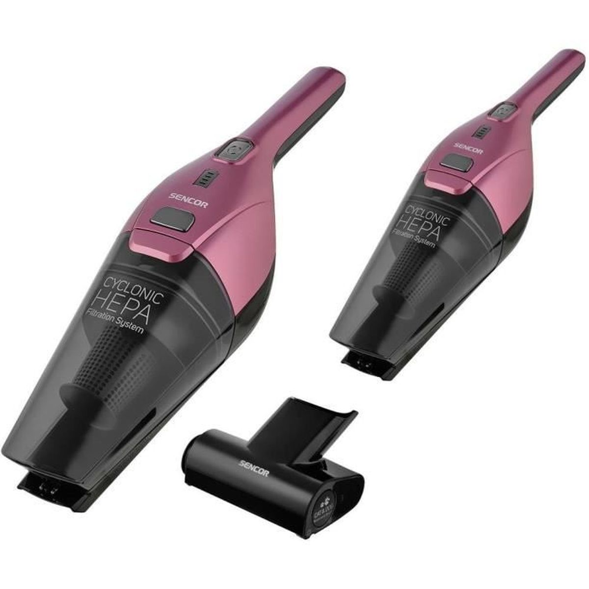 Due aspirapolvere portatili rosa e nere con accessori su sfondo bianco.