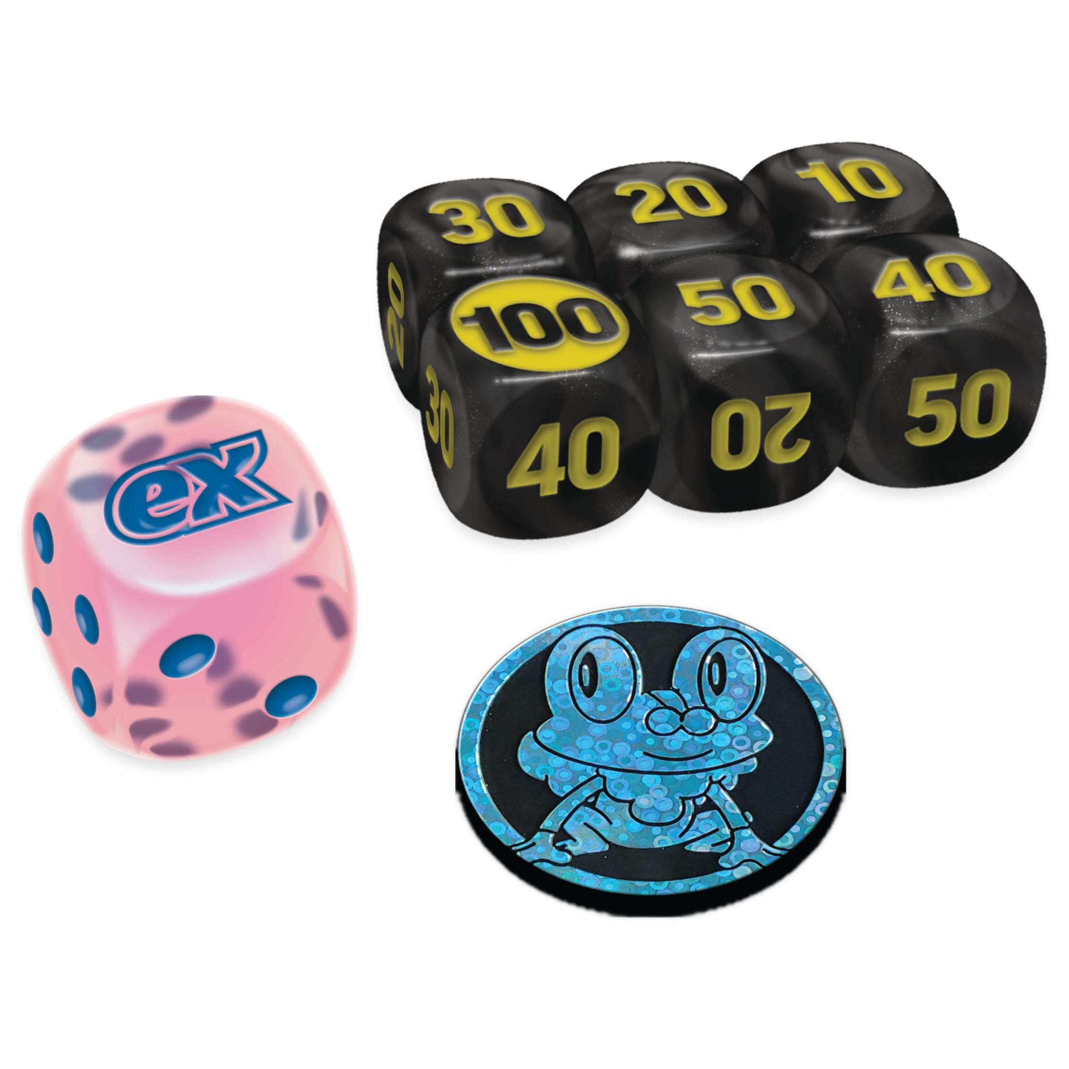 Rosa Würfel mit blauen Punkten und 'ex'. Schwarze Würfel mit gelben Zahlen. Blaue Münze mit Frosch.