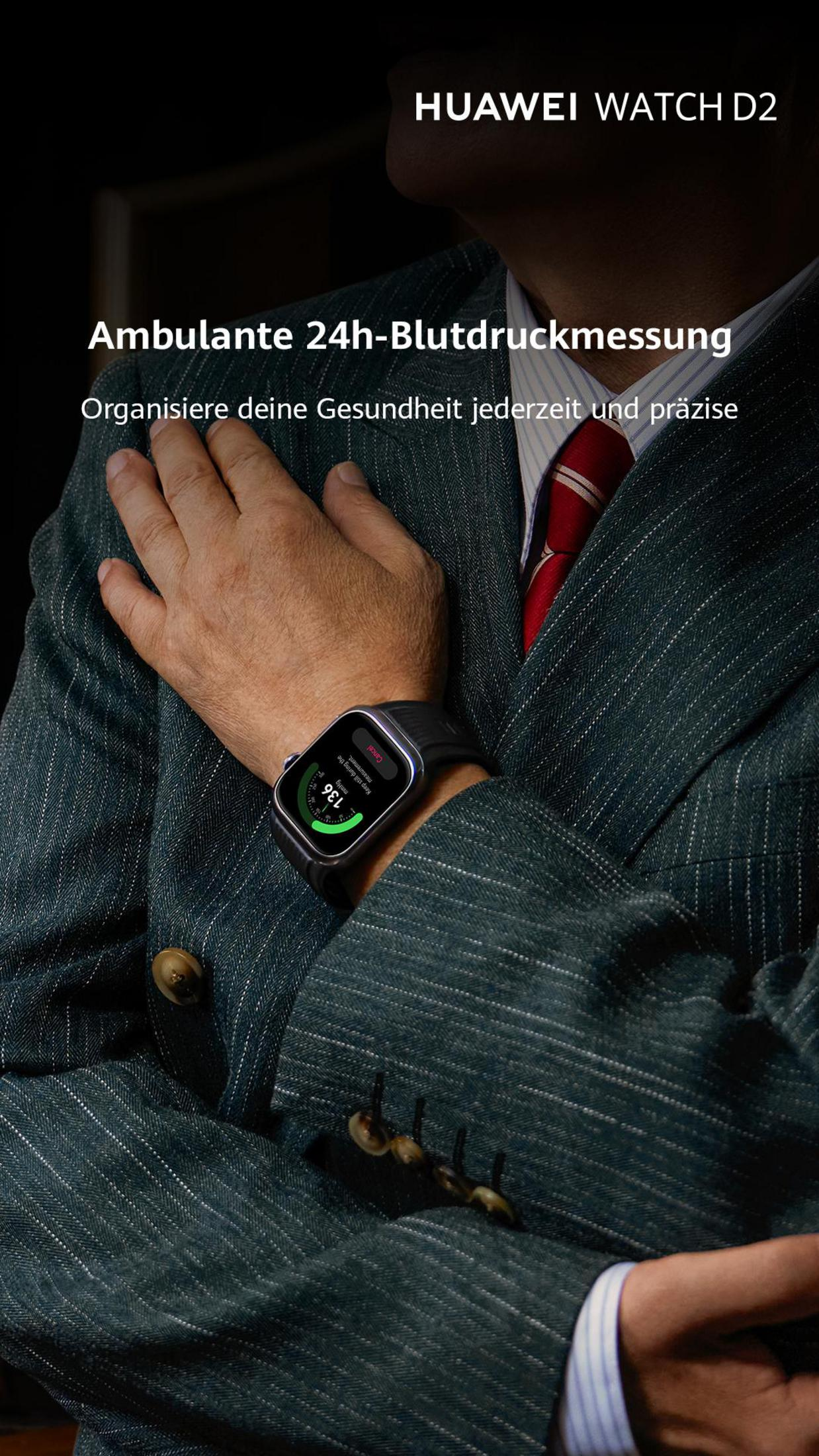 Man met Huawei Watch D2 meet bloeddruk. Aflezing 136 mmHg.