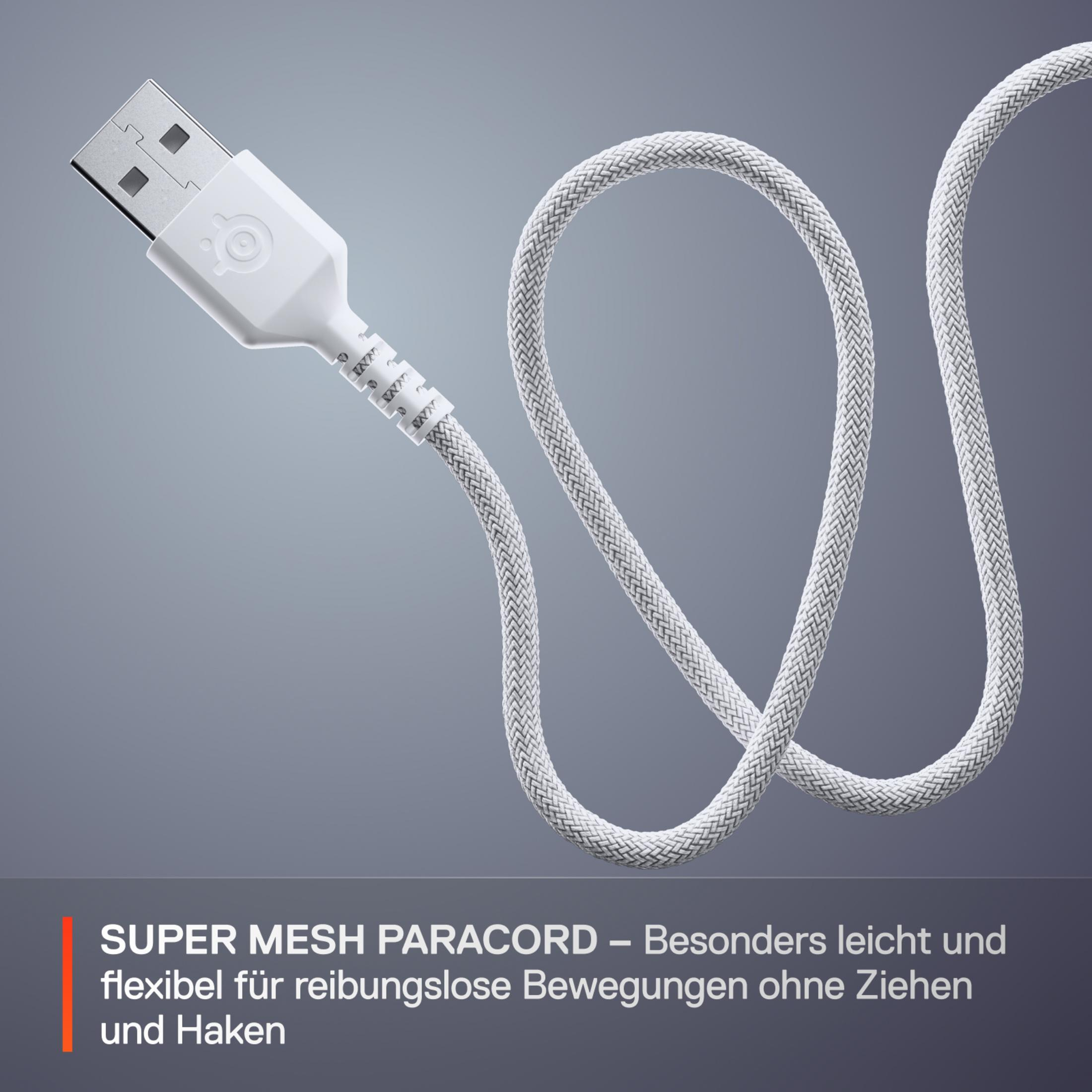 Un connettore USB bianco e un cavo paracord bianco su sfondo grigio.