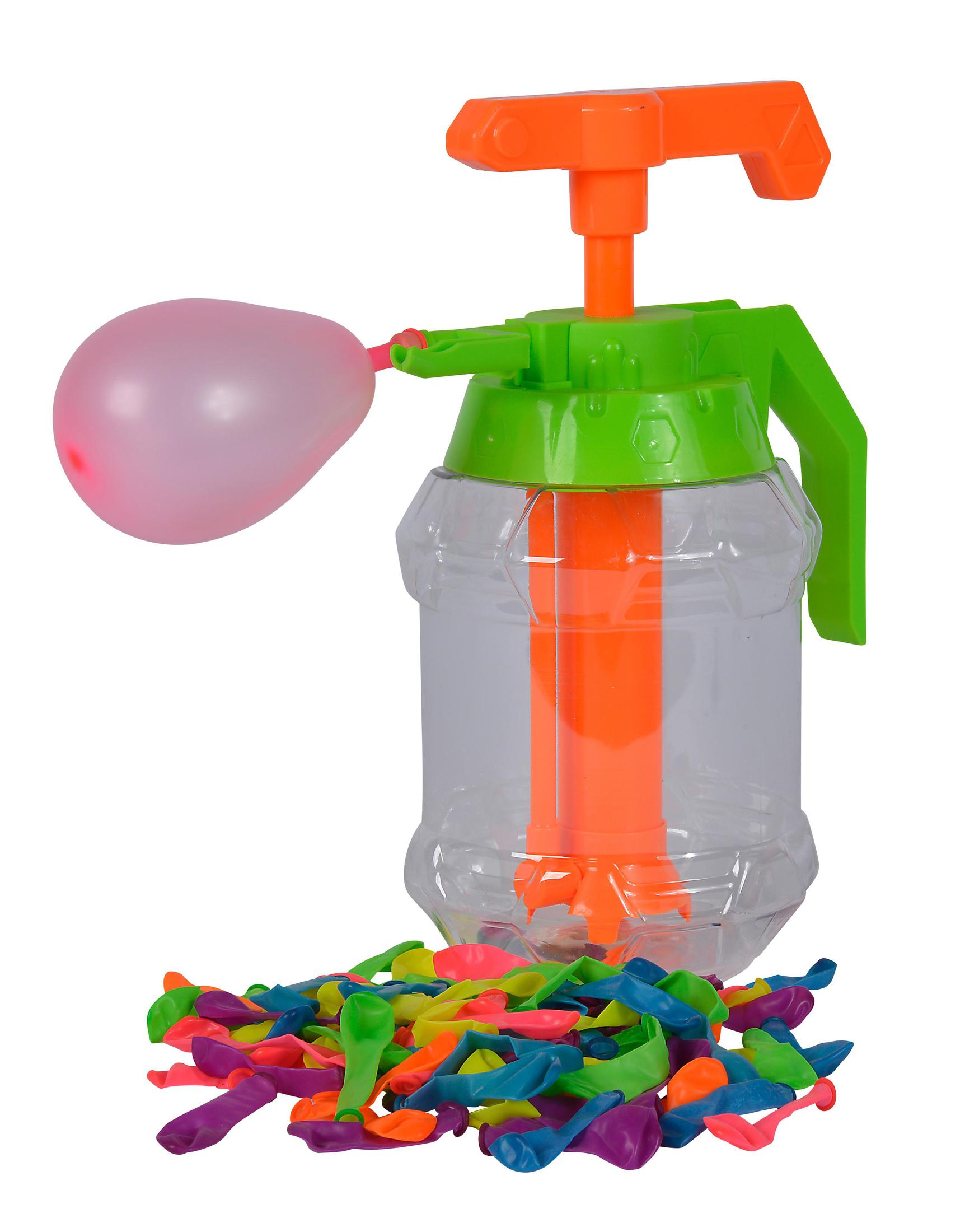 Wasserballon-Füller mit rosa Ballon und vielen bunten Ballons