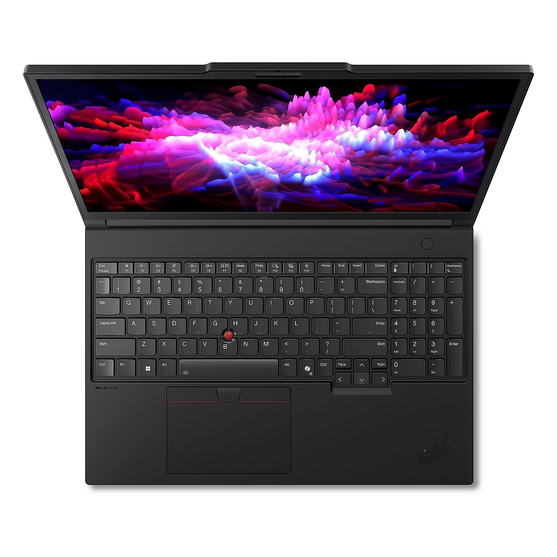Laptop nero con display aperto che mostra un'immagine astratta colorata.