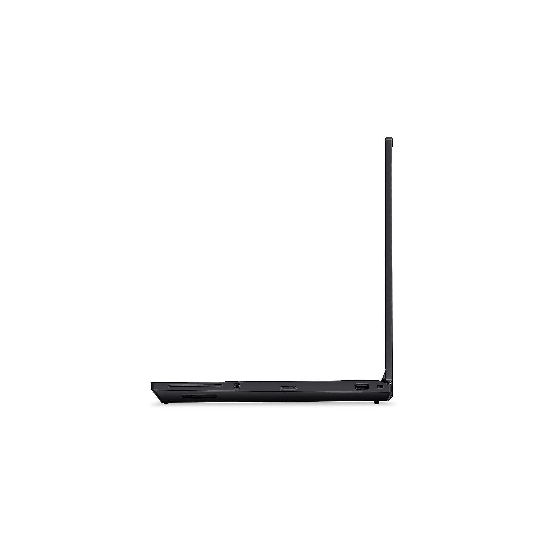 Laptop nero di profilo, schermo aperto, su sfondo bianco.