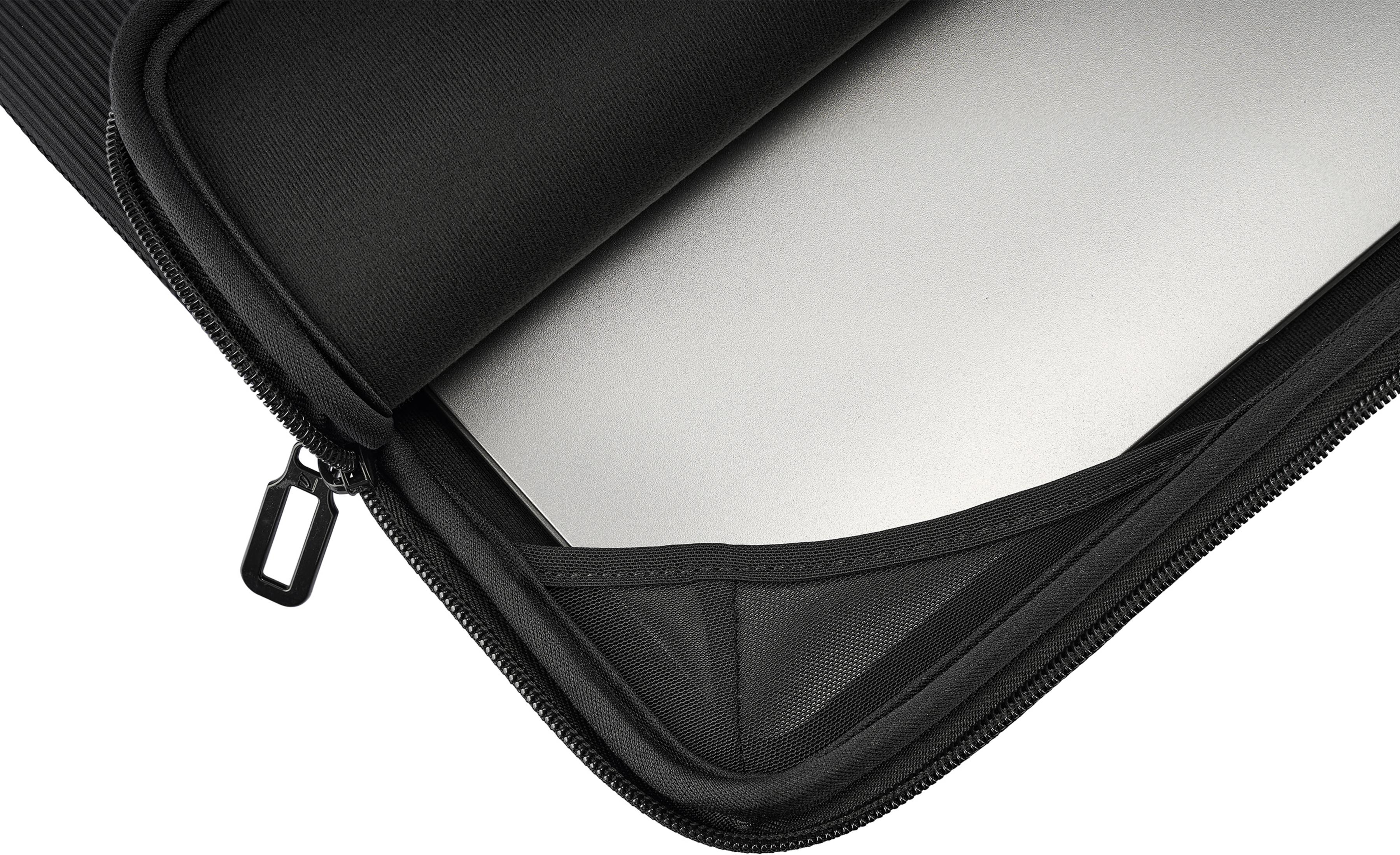 Ein silbernes Laptop mit Reißverschluss-Tasche, Nahaufnahme.