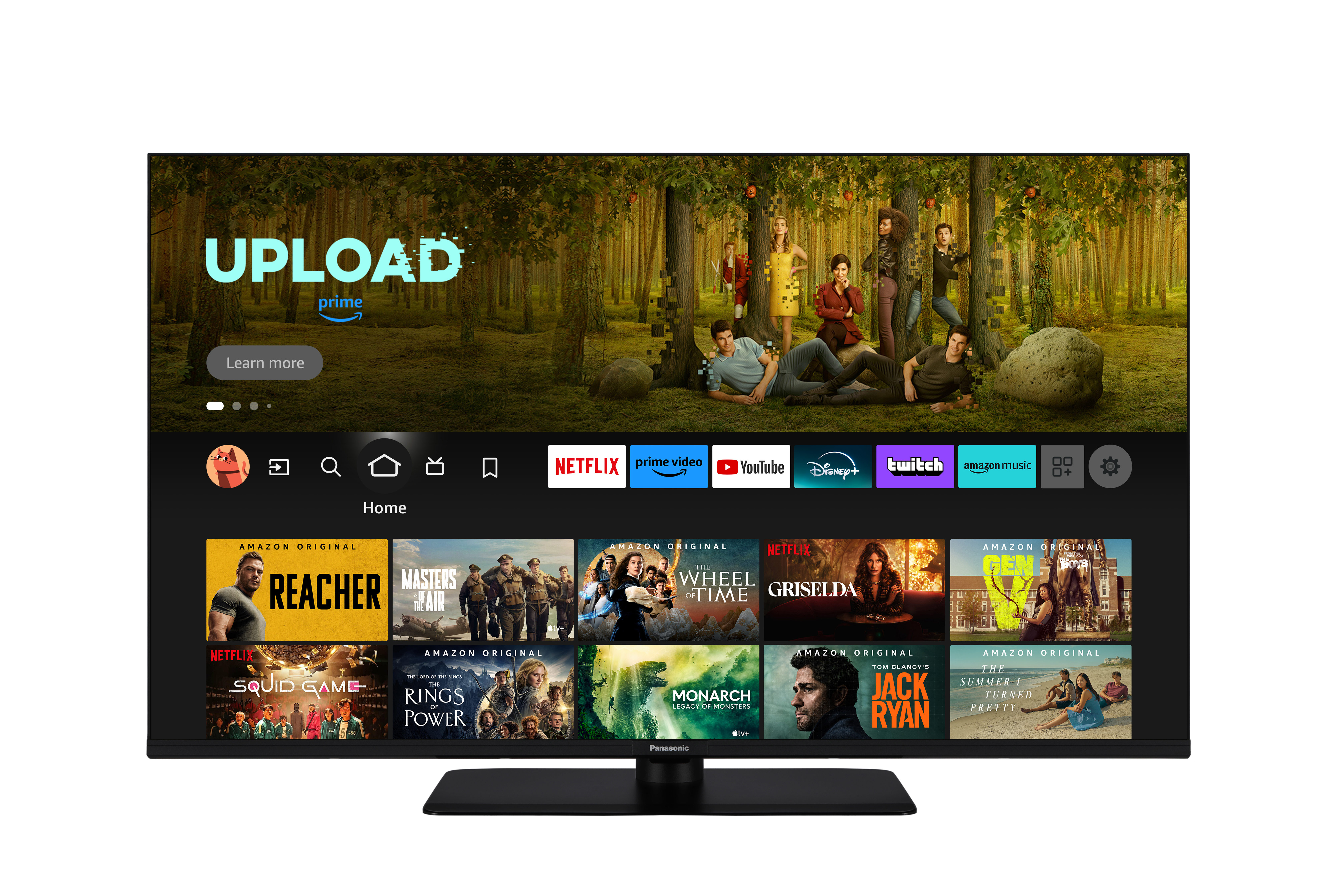Ein Panasonic-Fernseher zeigt eine Streaming-Oberfläche mit Filmtiteln wie Reacher und Squid Game.