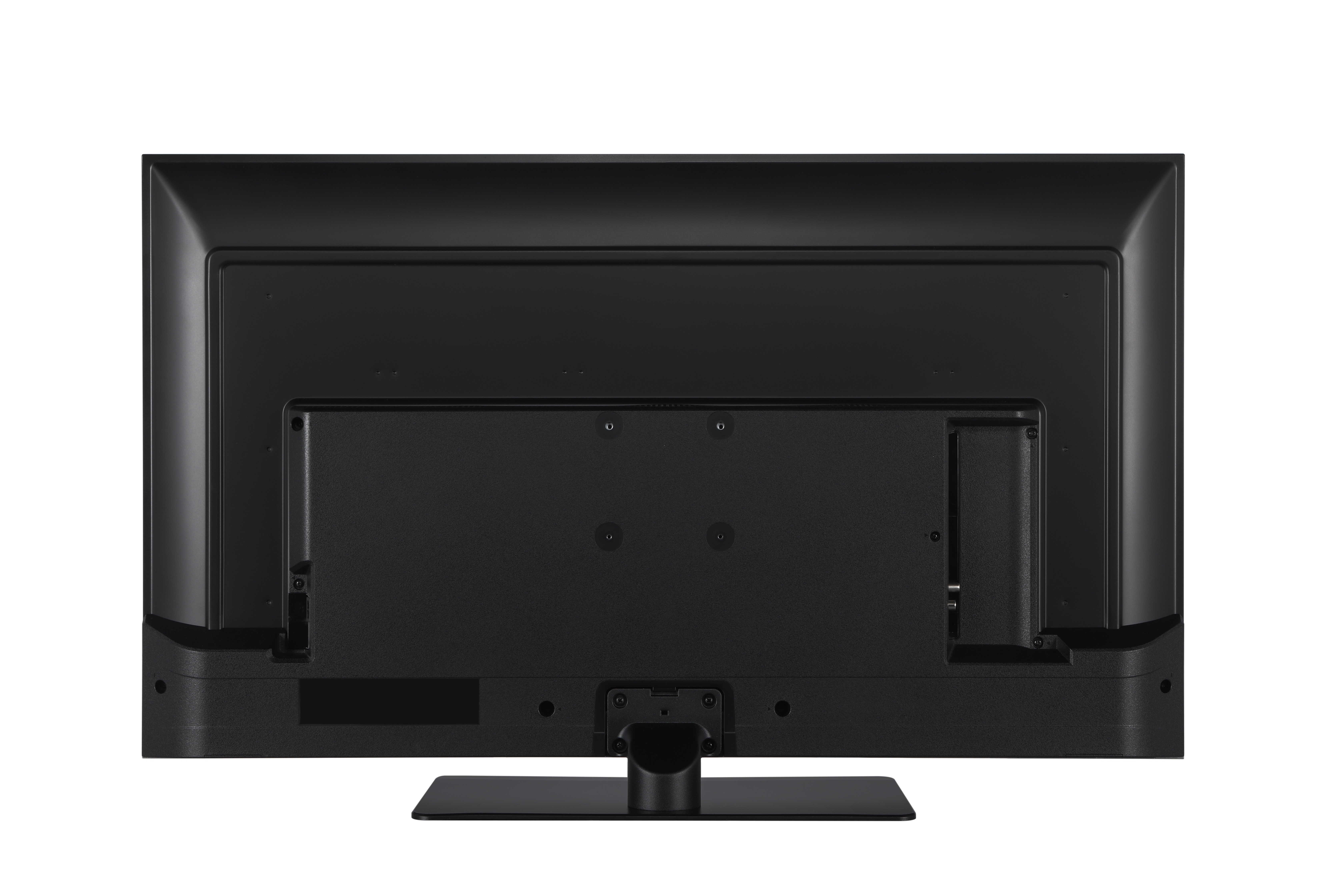 Rückseite eines schwarzen Fernsehers mit Standfuß, Anschlüsse sichtbar.