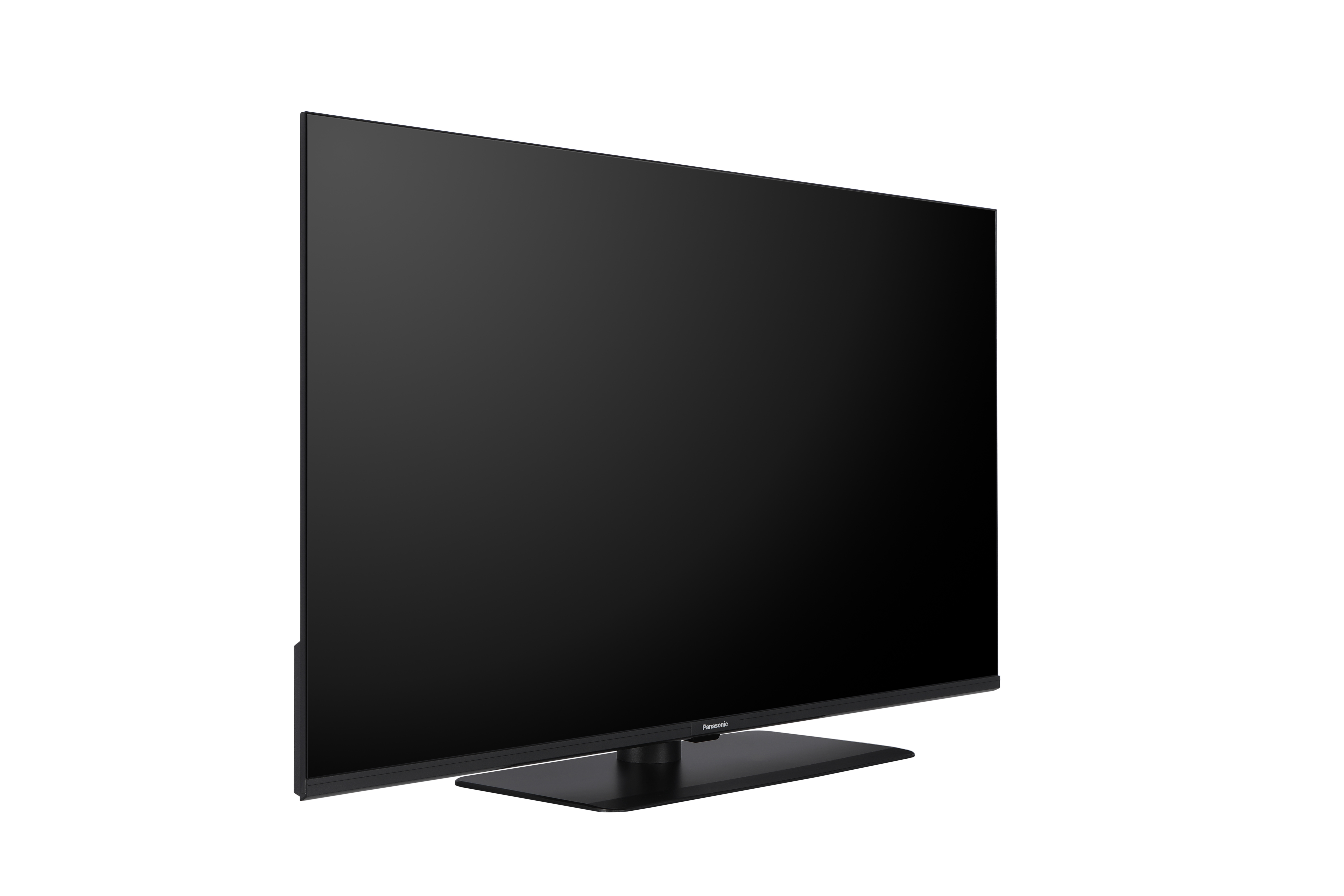 Ein moderner schwarzer Flachbildfernseher mit einem schmalen Standfuß, isoliert auf weißem Hintergrund.