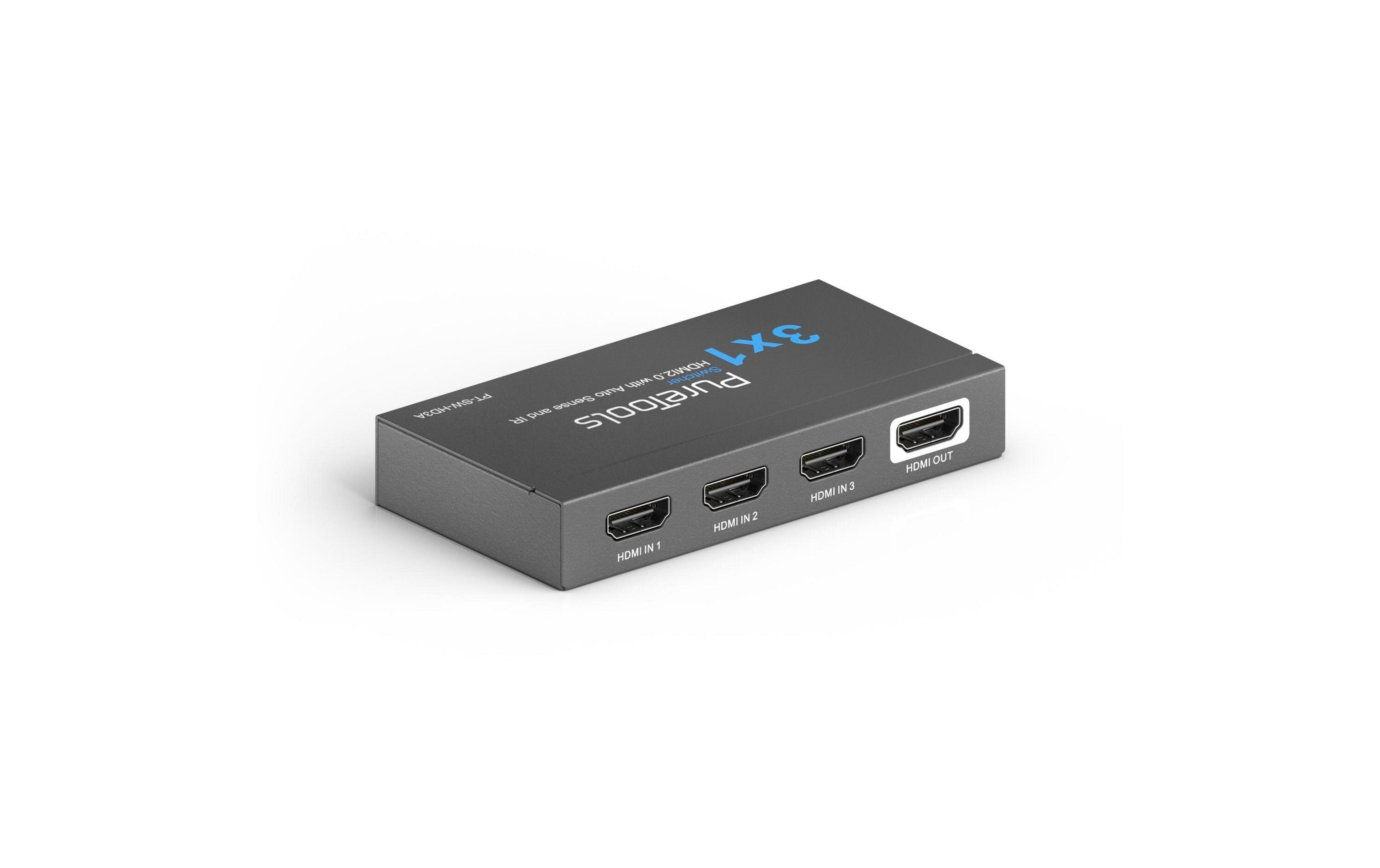 Ein schwarzer 3x1 HDMI-Switcher von PureTools mit drei HDMI-Eingängen und einem Ausgang.