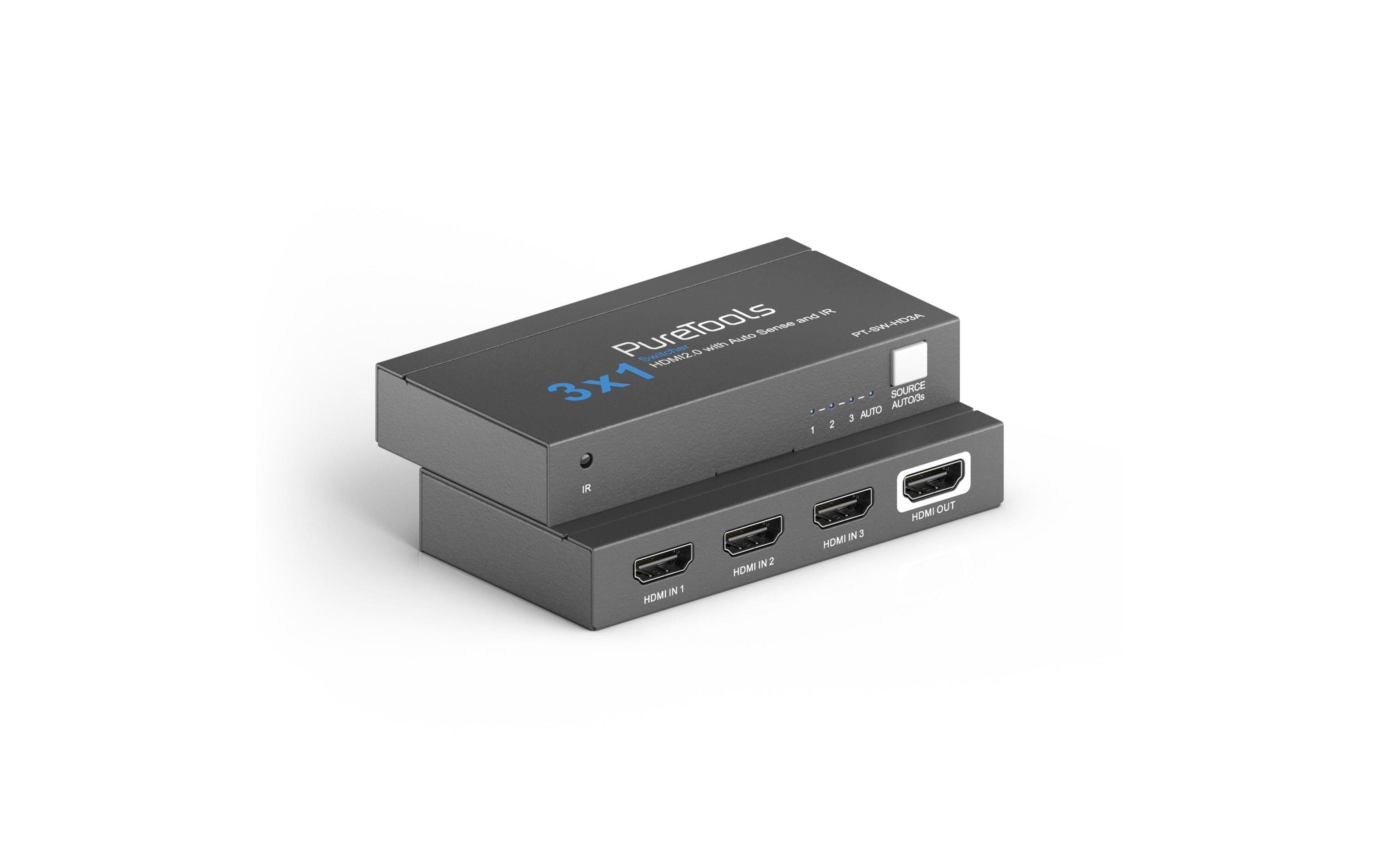 Schwarzer HDMI 3x1 Switcher mit Ein-/Ausgängen und Beschriftungen.