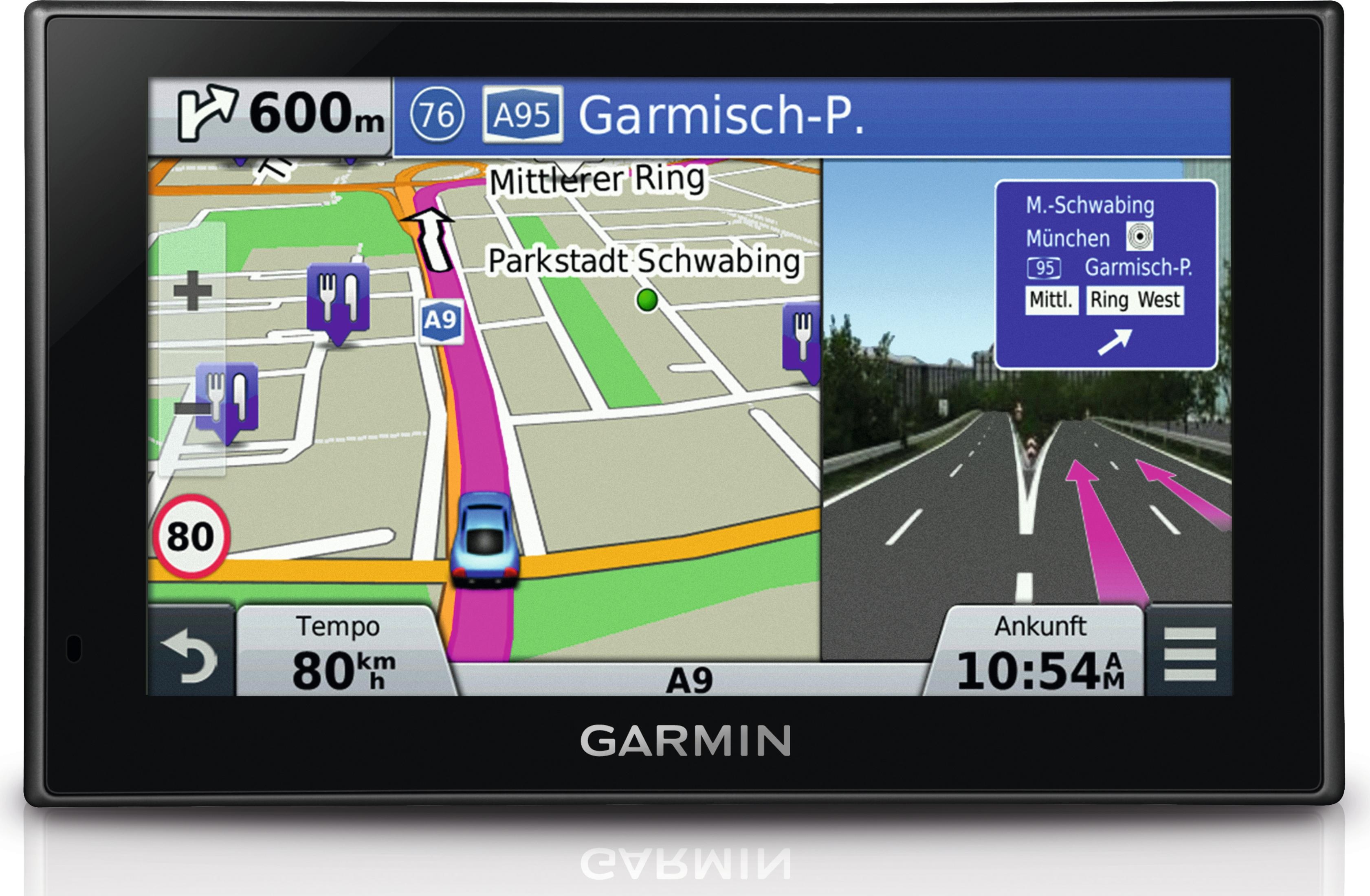Garmin Navigationsgerät zeigt eine Karte mit Routenführung und 3D-Vorschau.