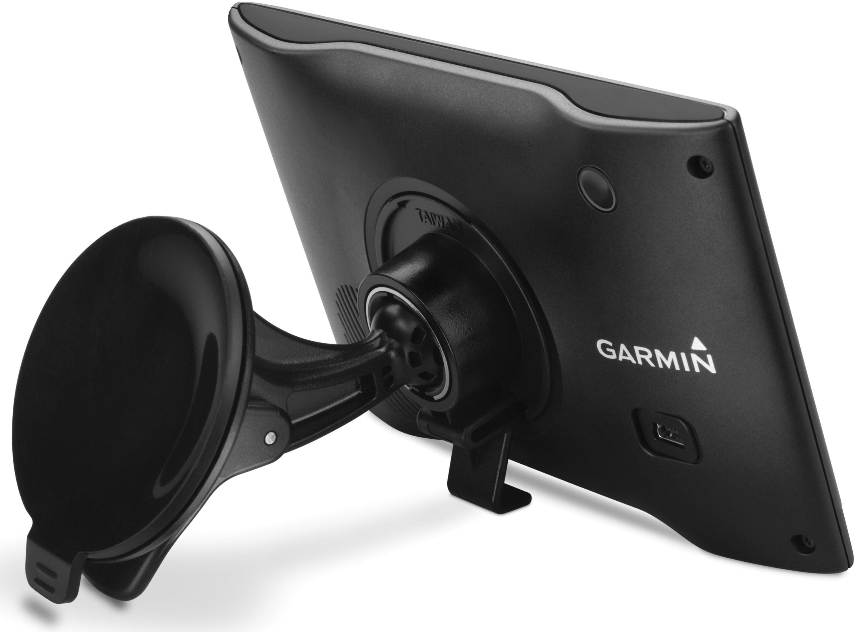 Schwarzes Garmin Navigationsgerät mit Saugnapfhalterung, von hinten gezeigt.