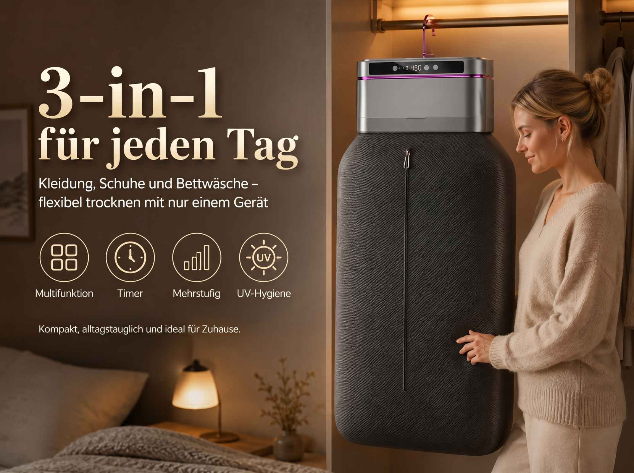 Frau vor einem Trockengerät mit Text "3-in-1 für jeden Tag".