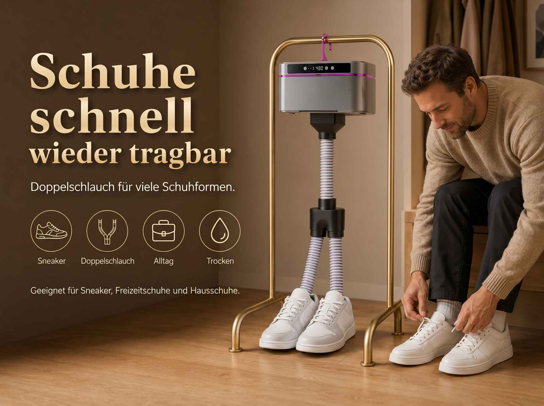 Mann bindet Schnürsenkel an weißen Sneakern neben einem Schuhtrockner mit zwei Schläuchen.