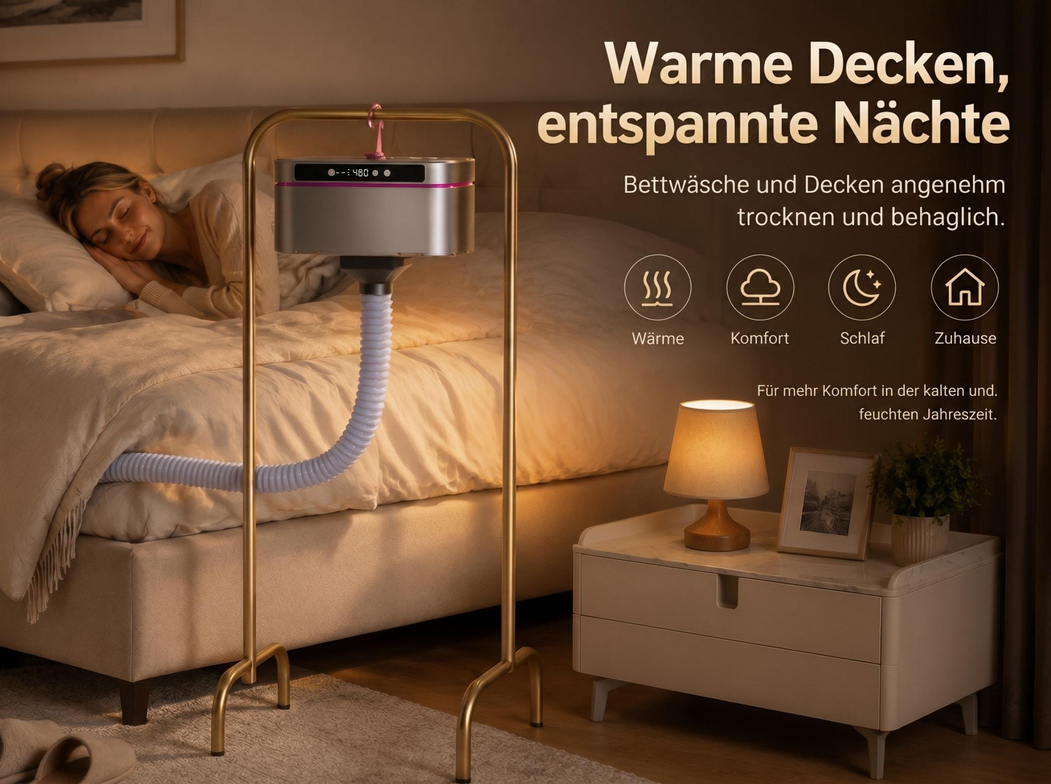 Eine Frau schläft im Bett, während ein Gerät ihre Bettdecke trocknet.