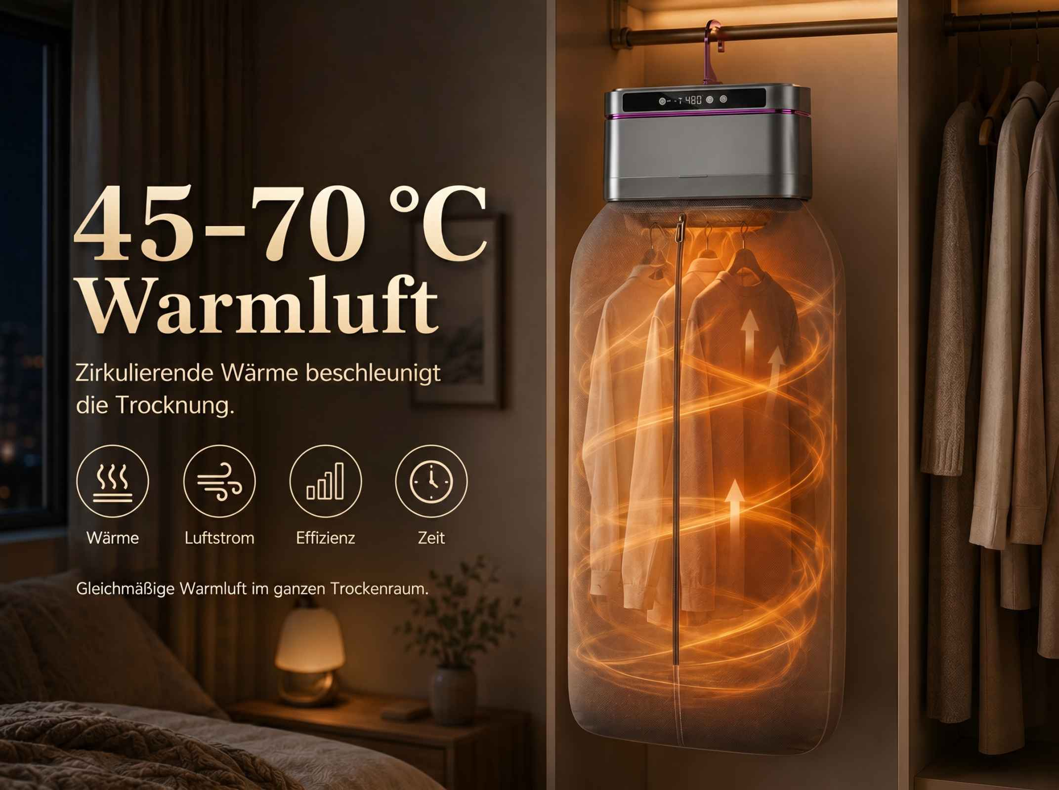 Ein Kleiderständer mit Kleidung in einem Trocknungsgerät mit Warmluft.