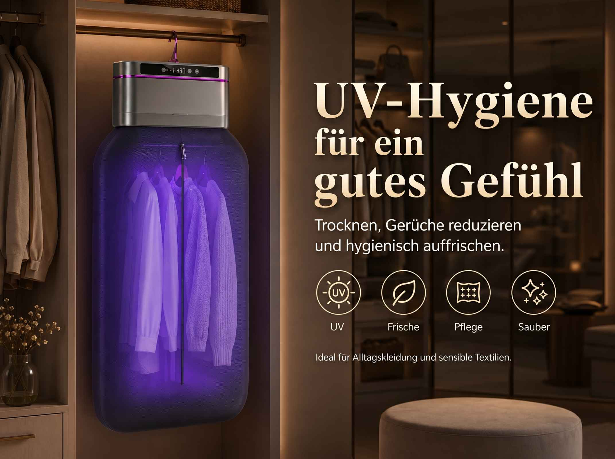 Kleidung in einem UV-Gerät im Schrank, das lila leuchtet.
