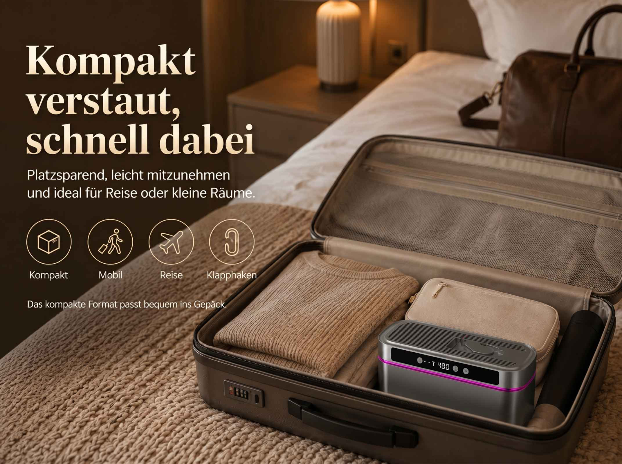 Ein Koffer mit Kleidung und einem Gerät, bereit für Reisen.