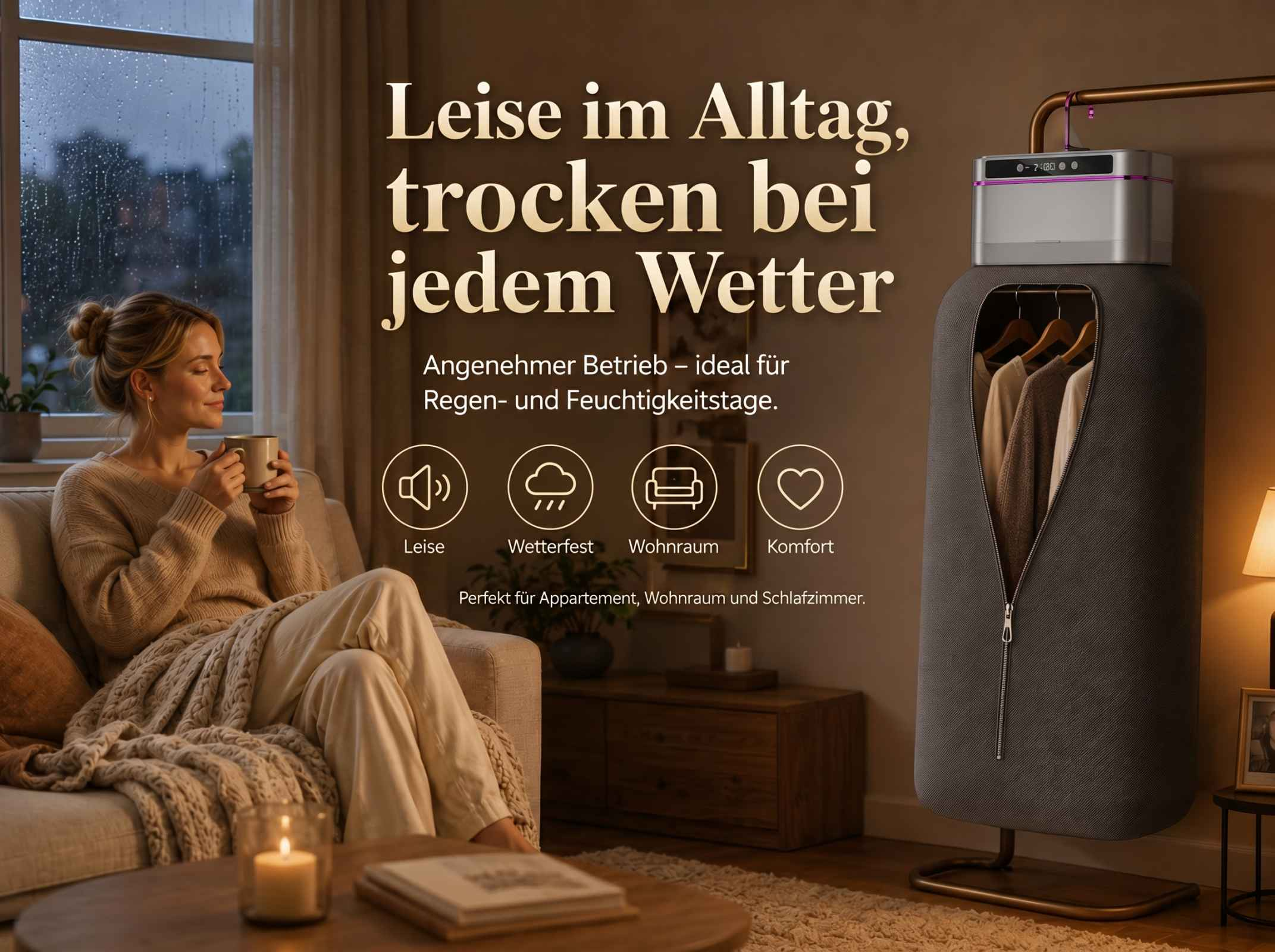 Frau sitzt auf Sofa bei Regen, daneben ein Kleiderständer mit Kleidung.