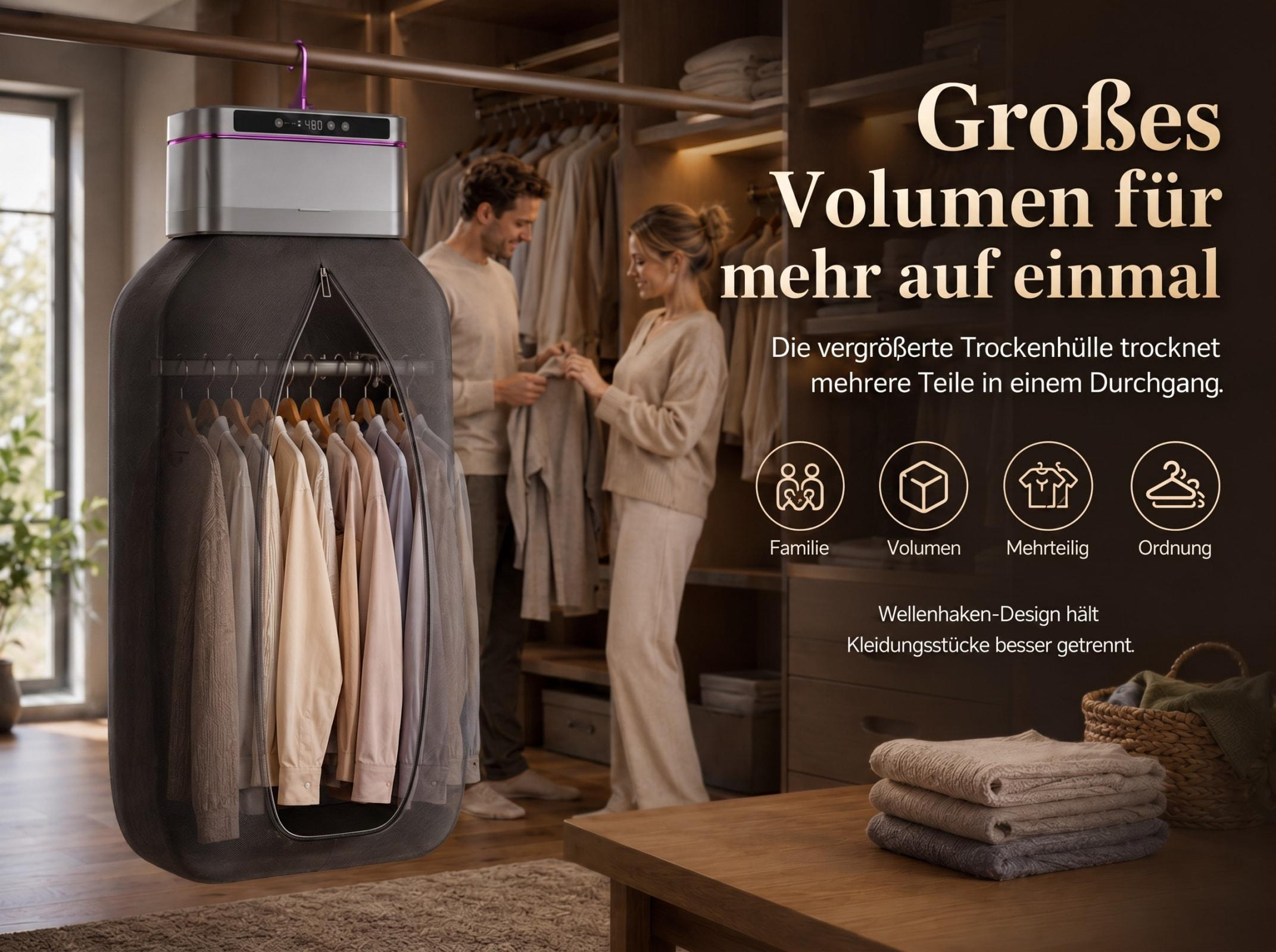 Ein Paar steht in einem Kleiderschrank vor einem Kleiderständer mit vielen Kleidungsstücken.