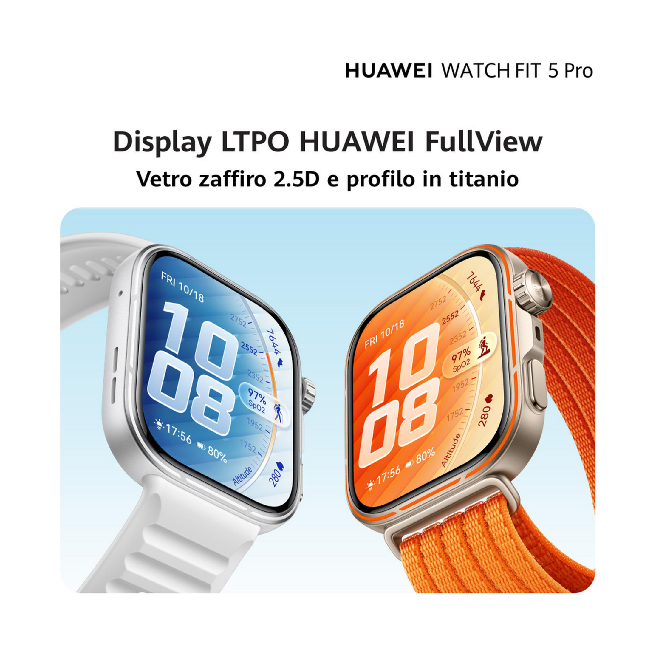 Zwei Huawei Watch Fit 5 Pro Smartwatches nebeneinander, eine weiße und eine orangefarbene.