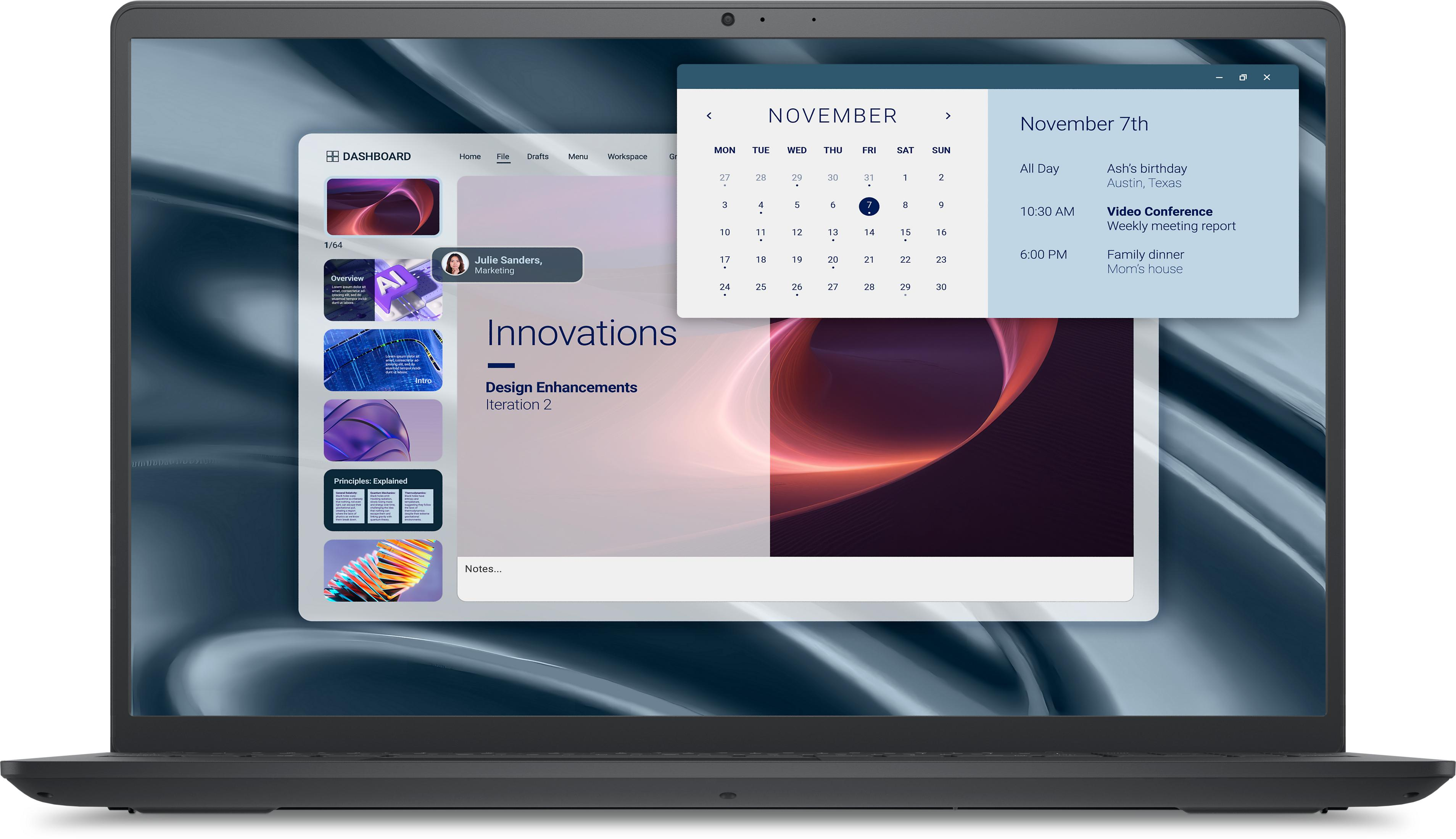 Laptop mostra dashboard con calendario e note. Il 7 novembre è evidenziato.