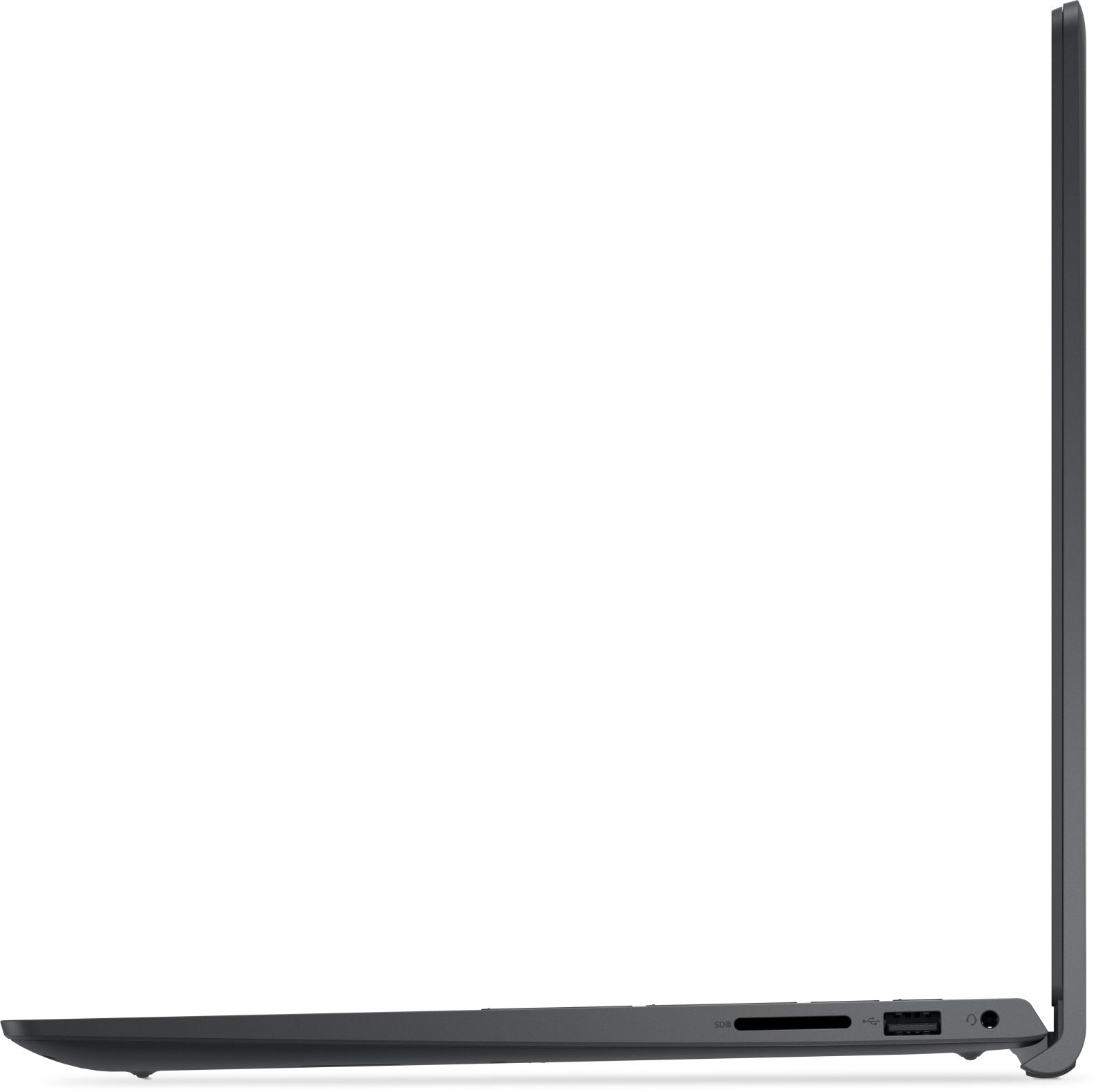 Laptop grigio, vista laterale con porte: lettore di schede SD, porta USB, jack per cuffie.