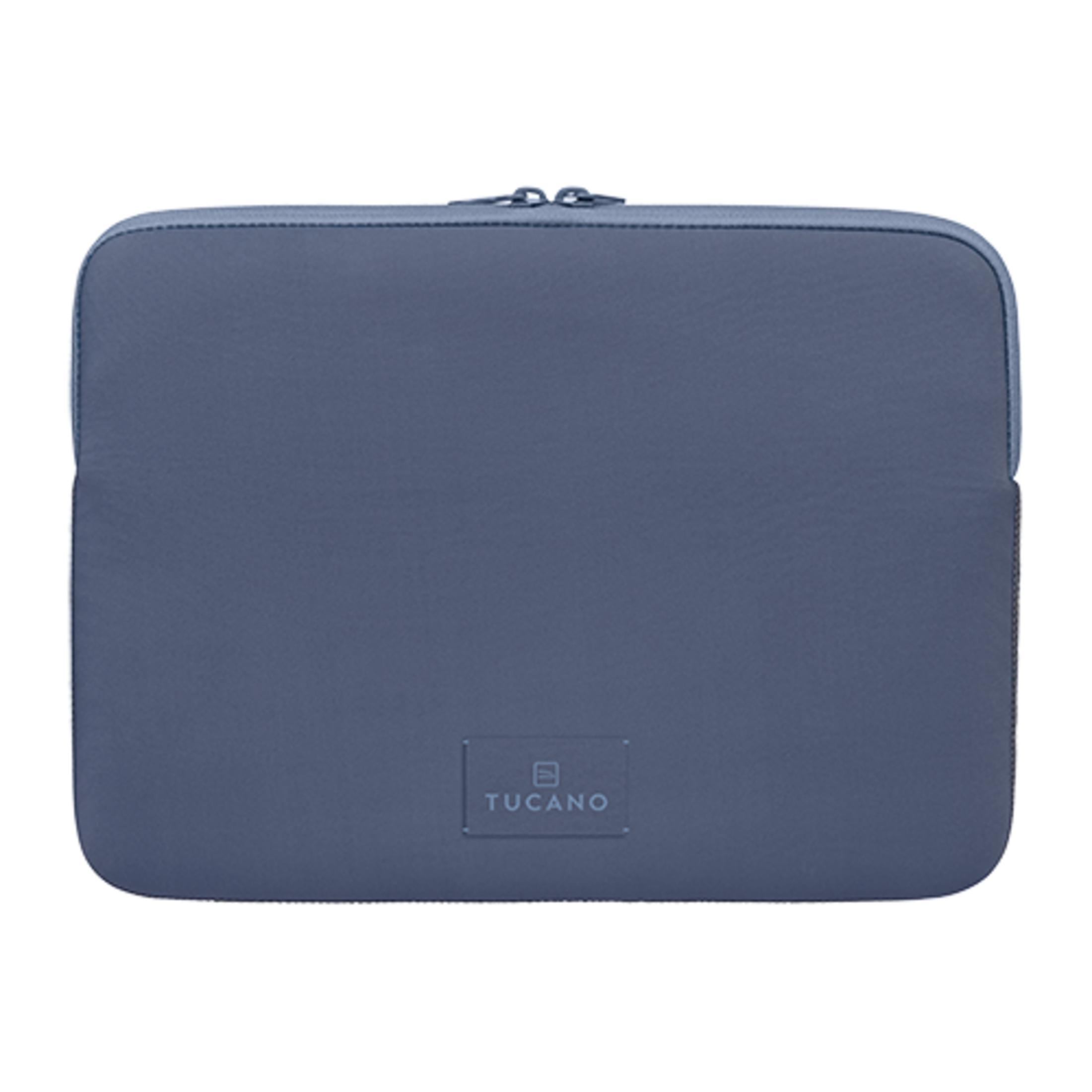 Graue Laptoptasche mit Reißverschluss und Tucano-Logo.