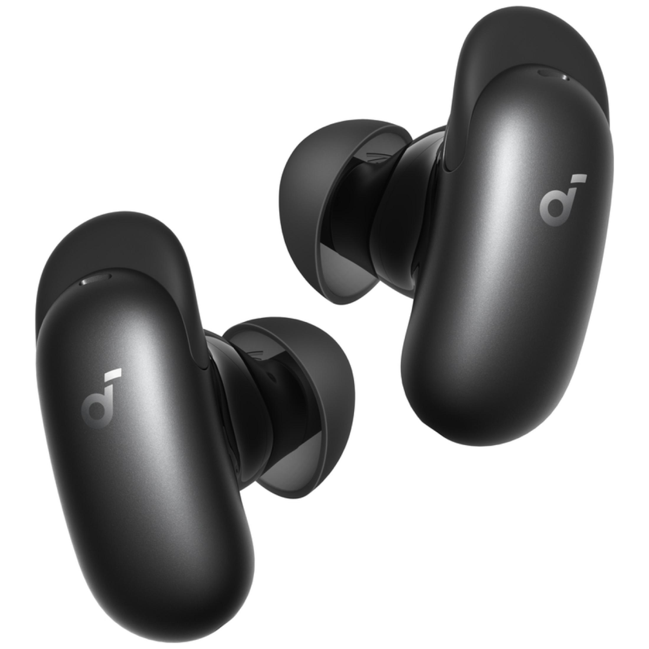 Due auricolari wireless neri con logo argentato su sfondo bianco.