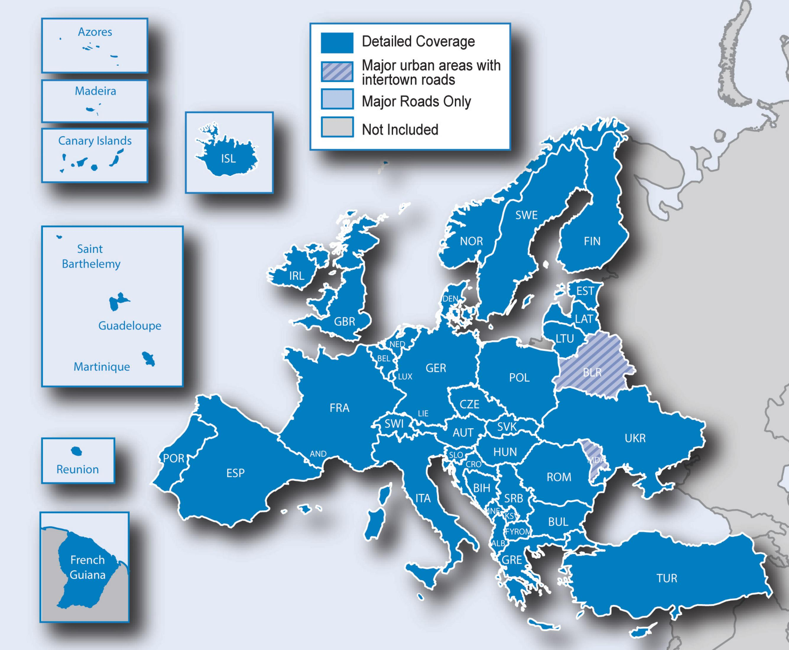 Karte von Europa mit Abdeckung von Straßennetzen und Inseln.