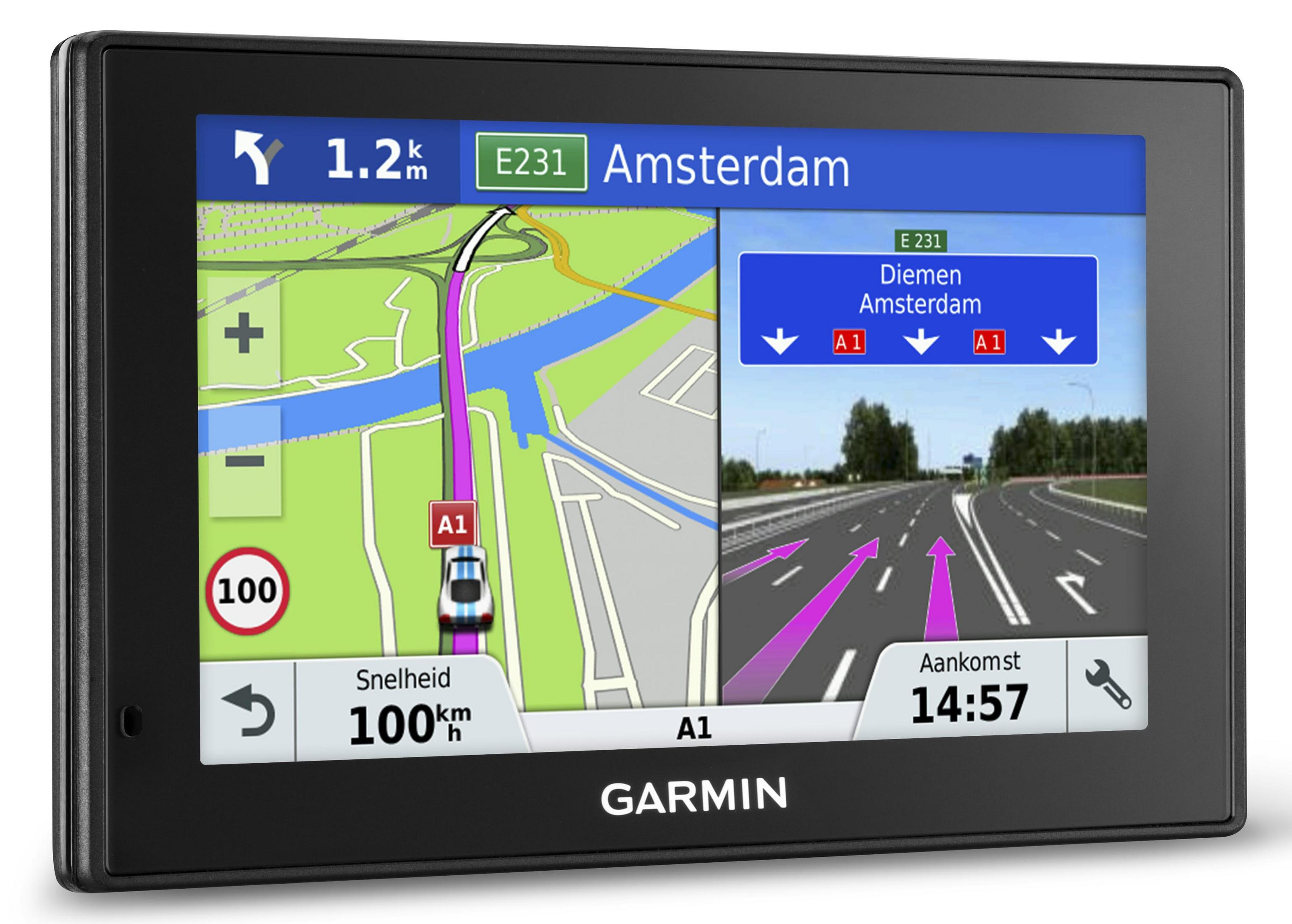 Garmin Navigationsgerät zeigt Karte von Amsterdam, Route, Geschwindigkeit 100km/h, Ankunft 14:57.
