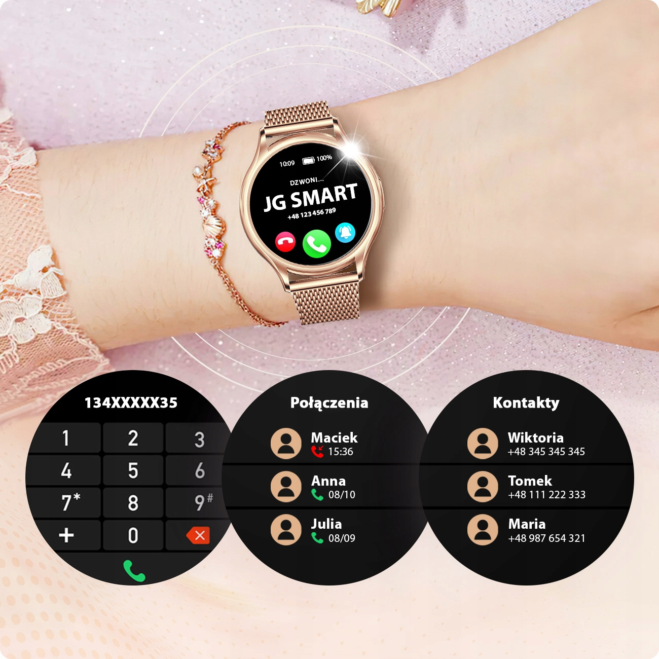 Złoty smartwatch na nadgarstku pokazuje połączenie przychodzące. Poniżej klawiatura, historia połączeń i kontakty.